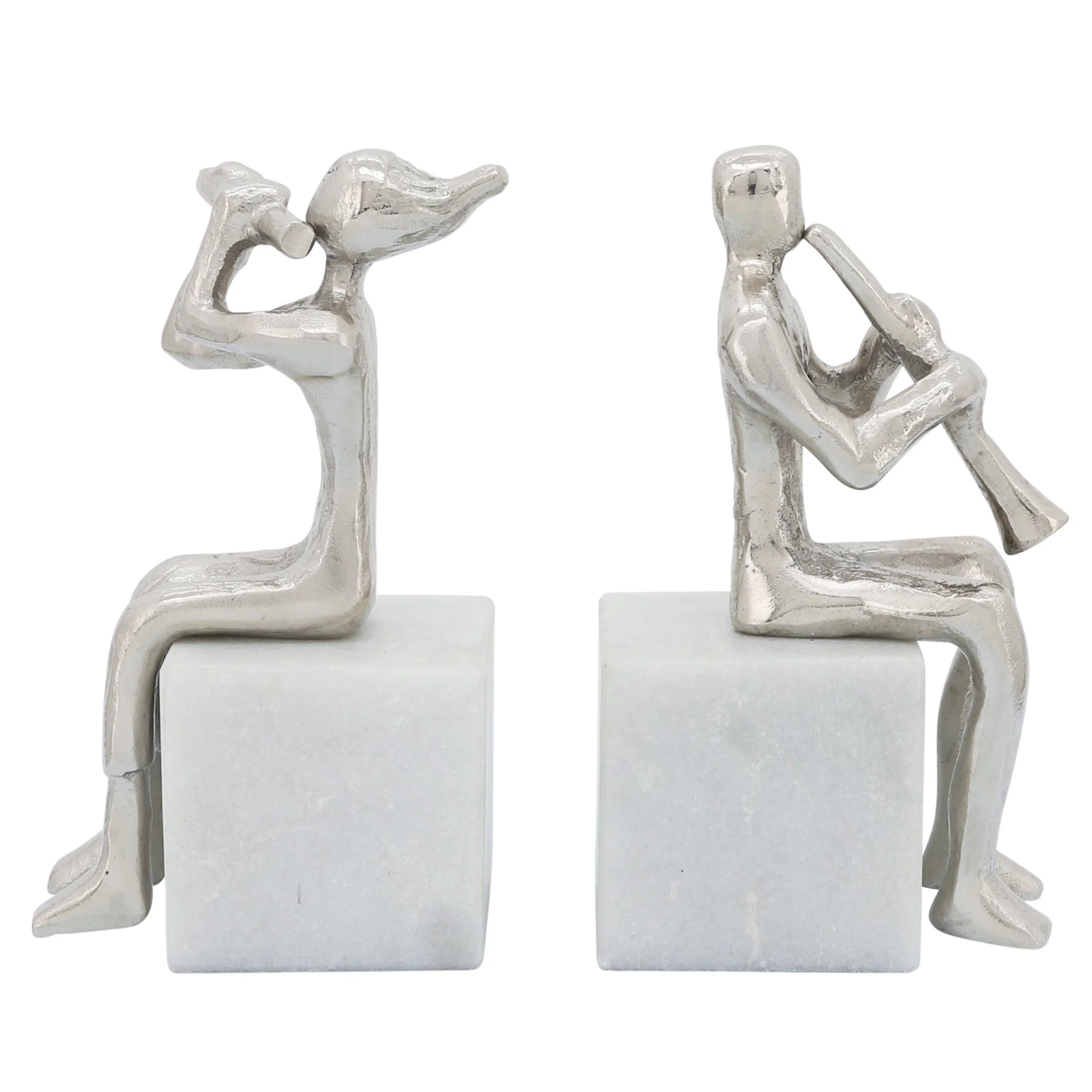 S/2 Metal Musicians On Marble Base, Silver - Image 3