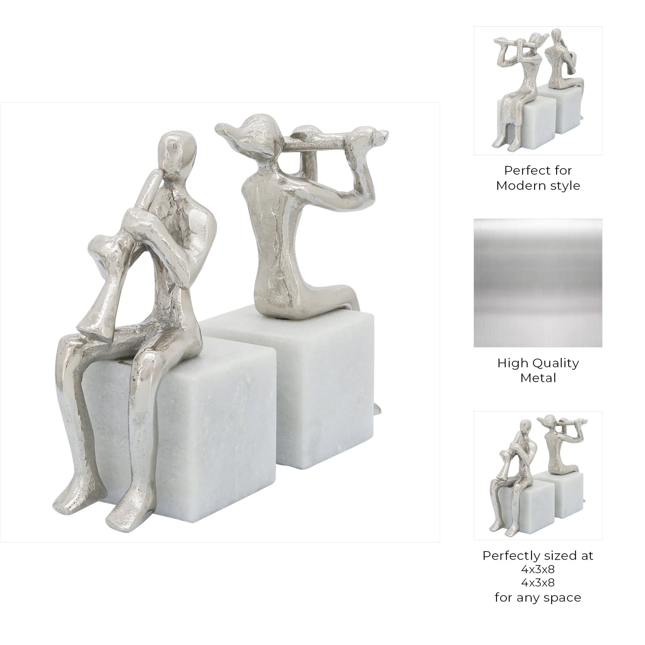 S/2 Metal Musicians On Marble Base, Silver - Image 8