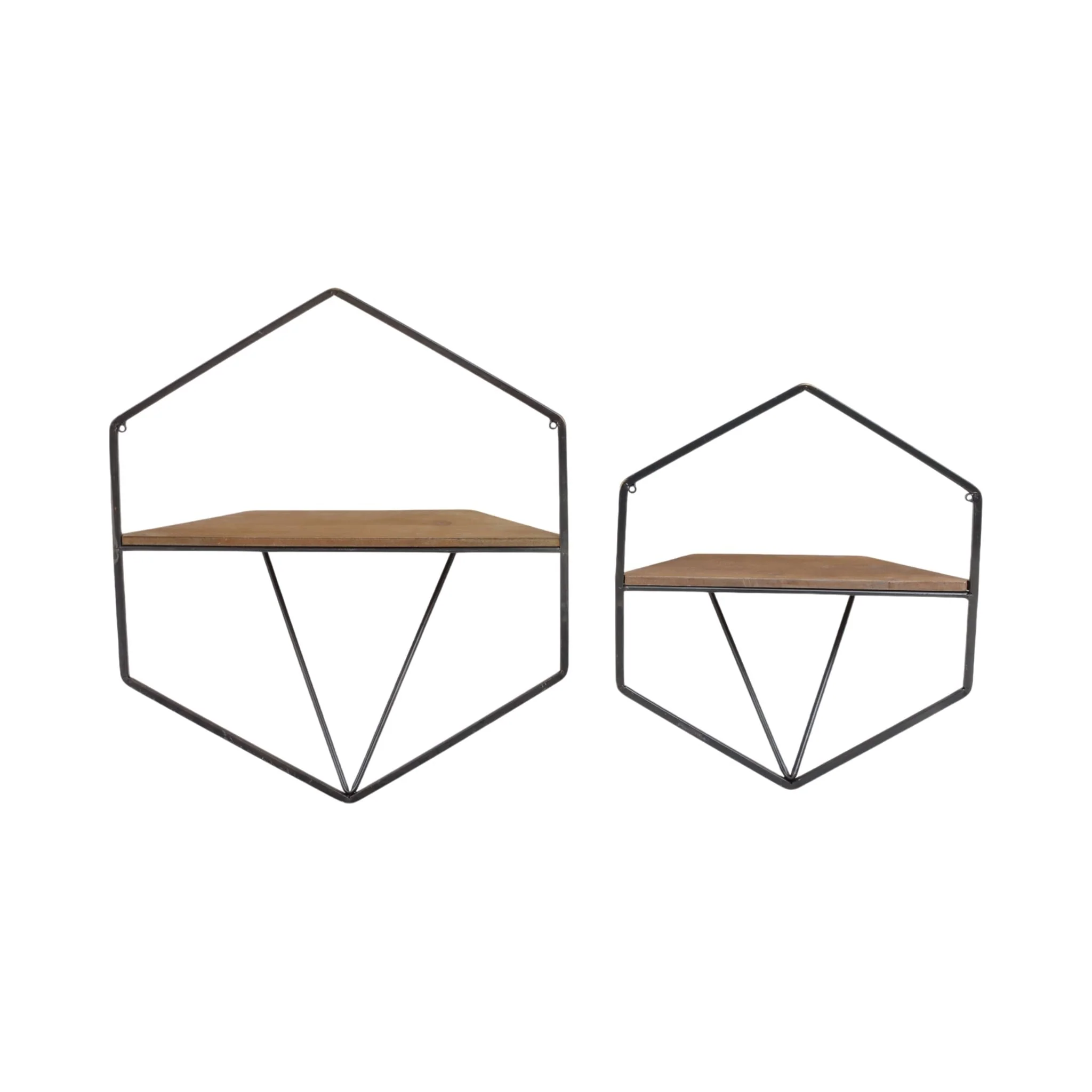 S/2 Metal / Wood Hexagon Wall Shelves, Brown - Image 6