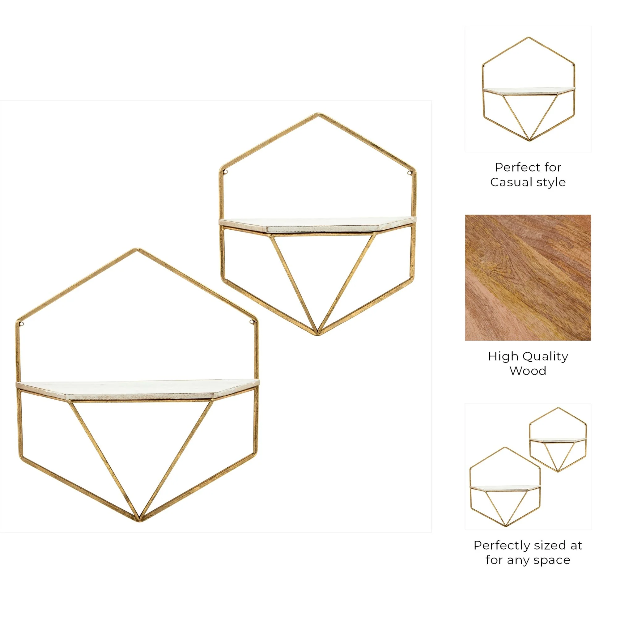S/2 Metal / Wood Hexagon Wall Shelves, Gold/wht - Image 6