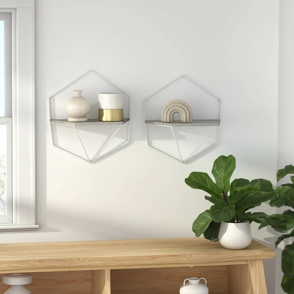 S/2 Metal / Wood Hexagon Wall Shelves, Wht/gray - Image 11