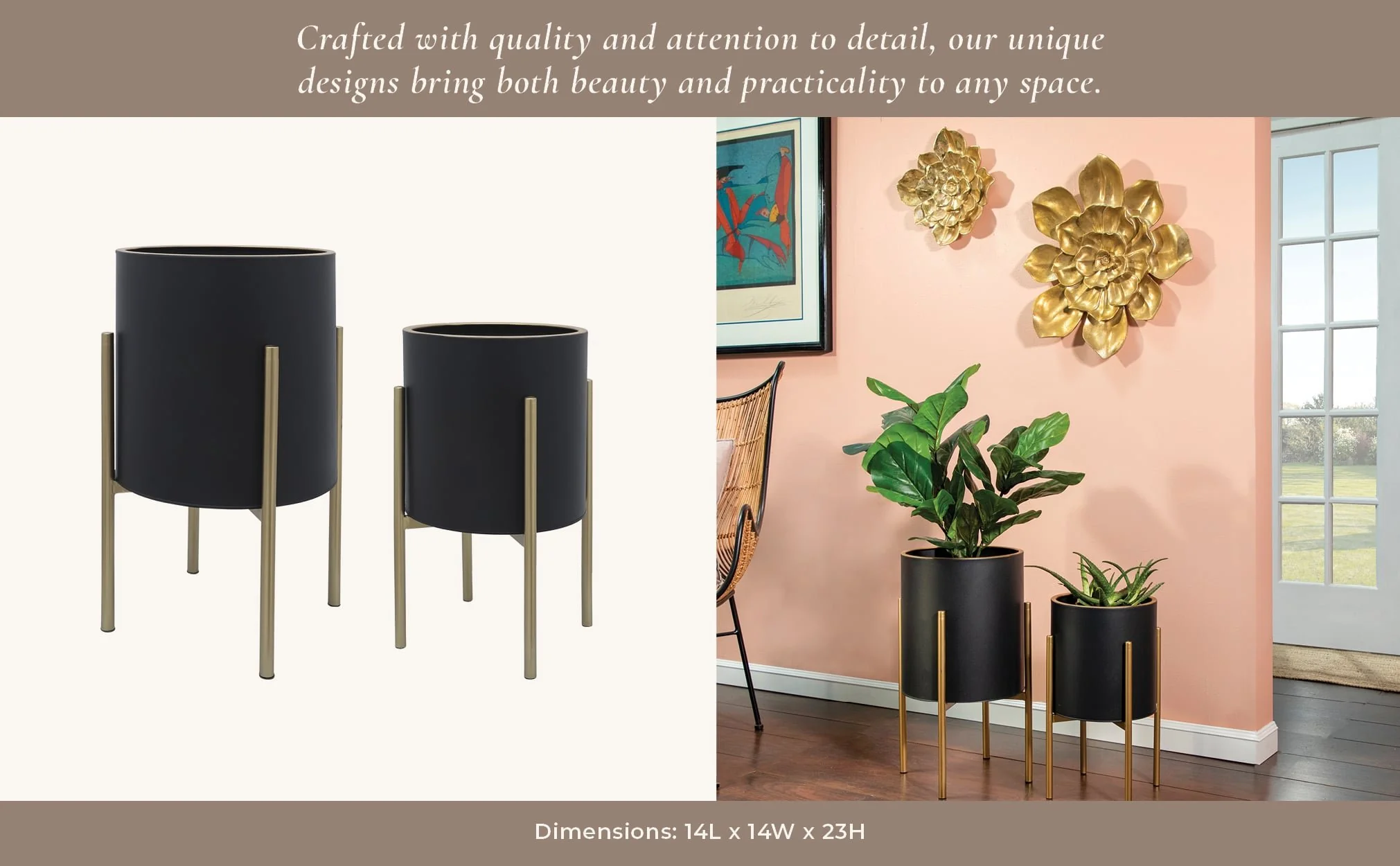 S/2 Planter On Metal Stand, Black/gld - Image 11