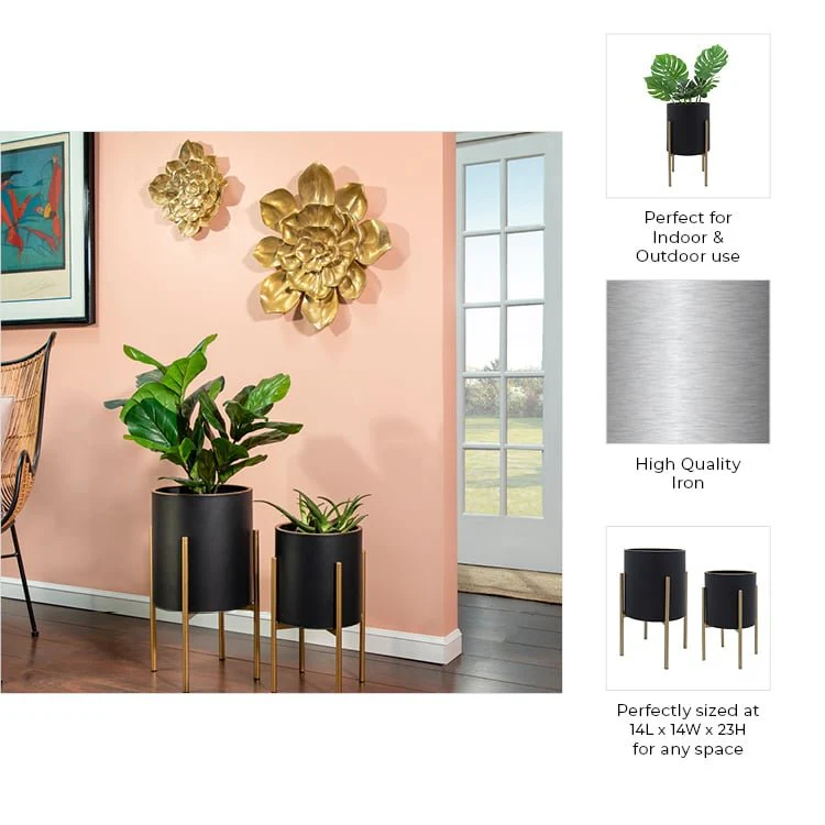 S/2 Planter On Metal Stand, Black/gld - Image 8