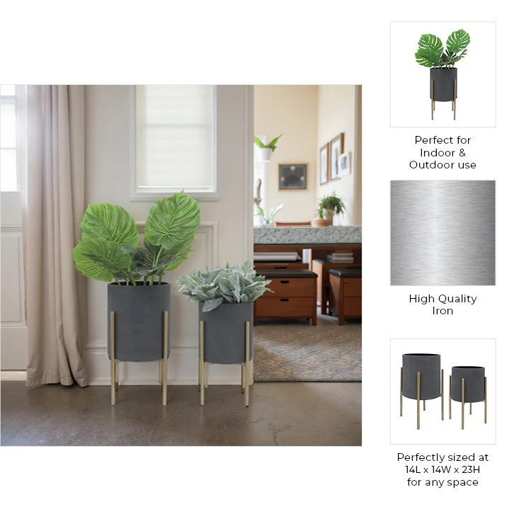 S/2 Planter On Metal Stand, Gray/gld - Image 8