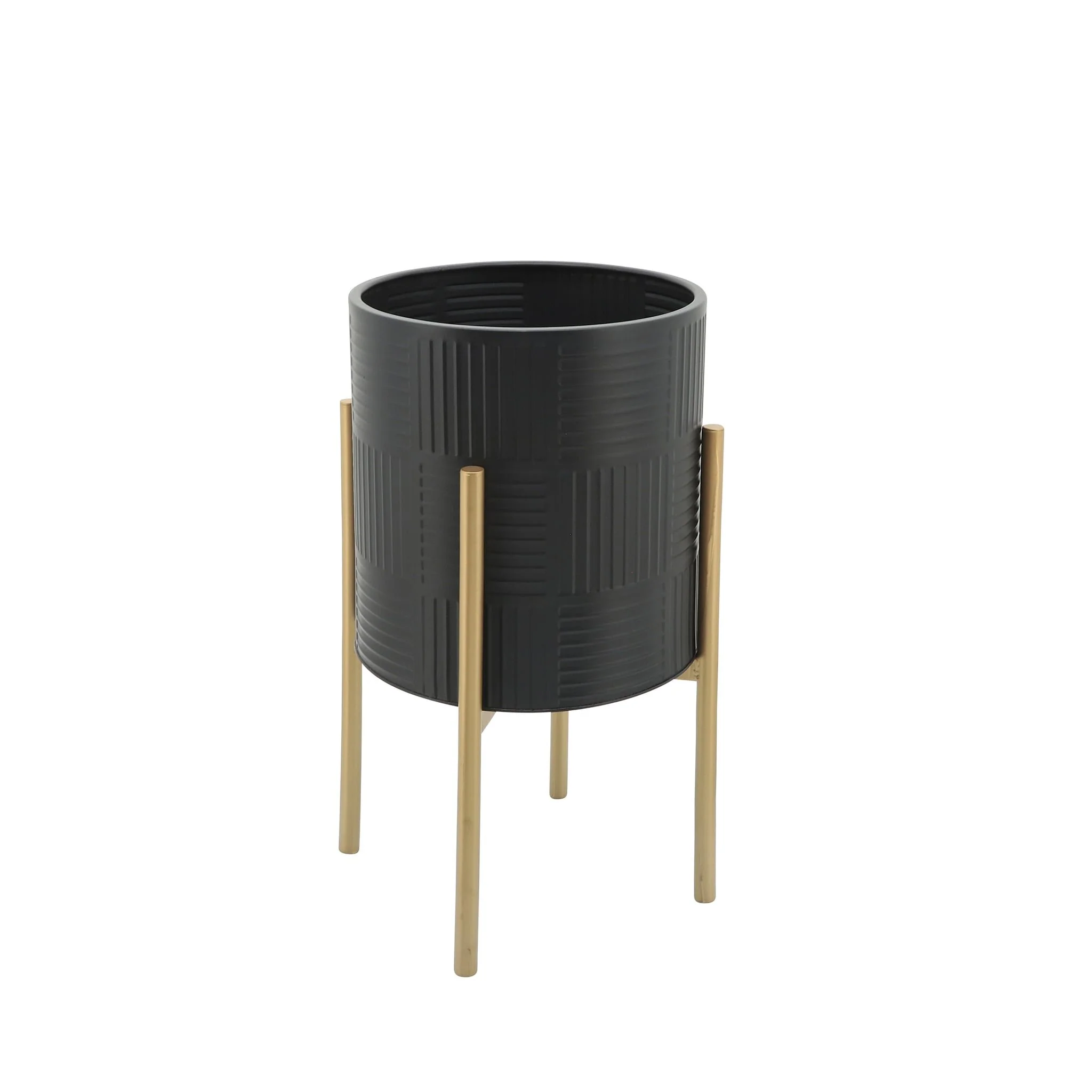 S/2 Planter W/ Lines On Metal Stand, Black/gold - Image 3