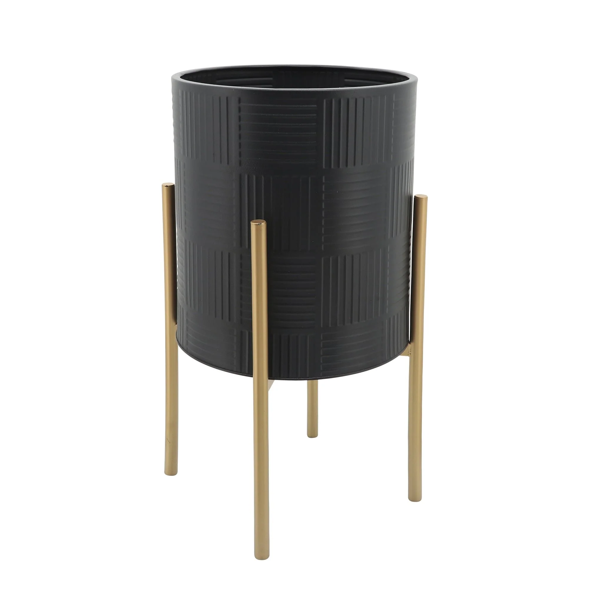 S/2 Planter W/ Lines On Metal Stand, Black/gold - Image 4
