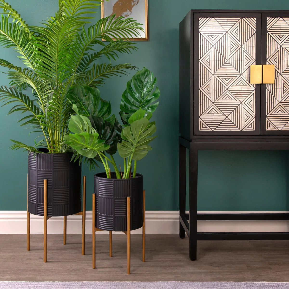 S/2 Planter W/ Lines On Metal Stand, Black/gold - Image 8
