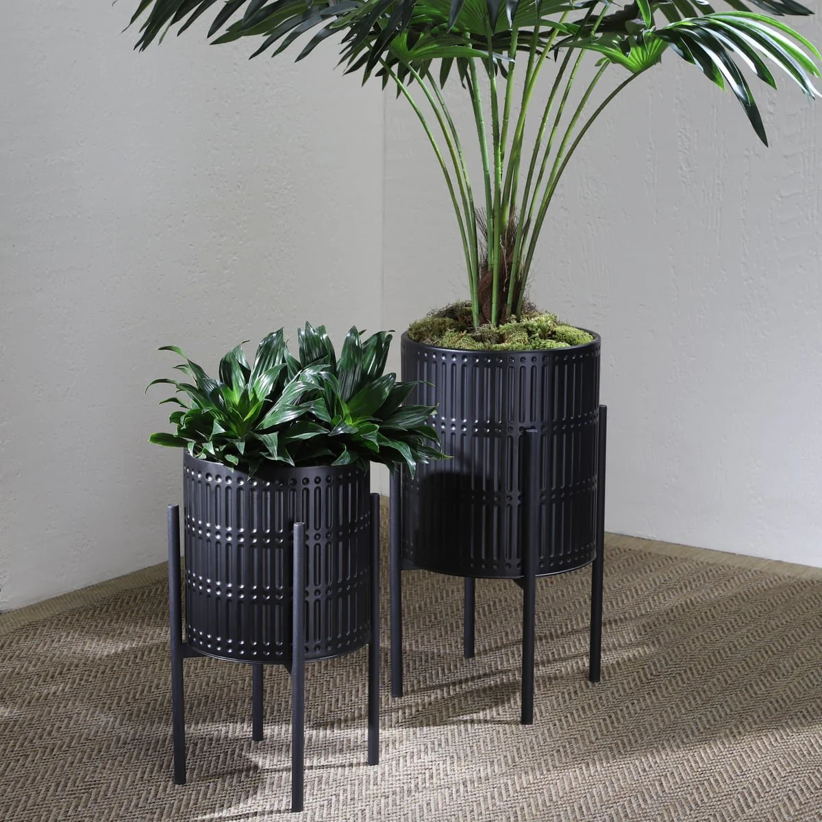 S/2 Ridged Planters In Metal Stand, Black - Image 6