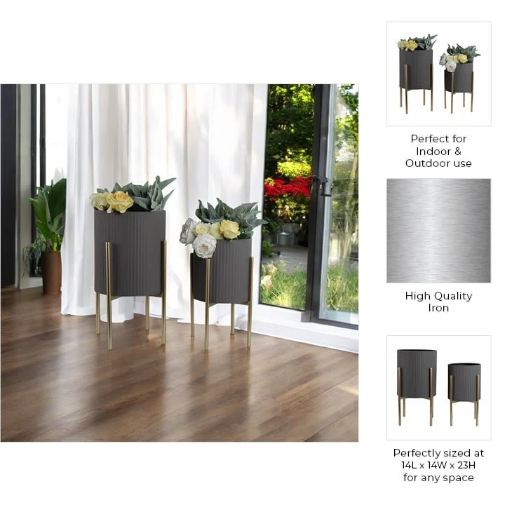 S/2 Ridges Planter On Metal Stand, Gray/gld - Image 9