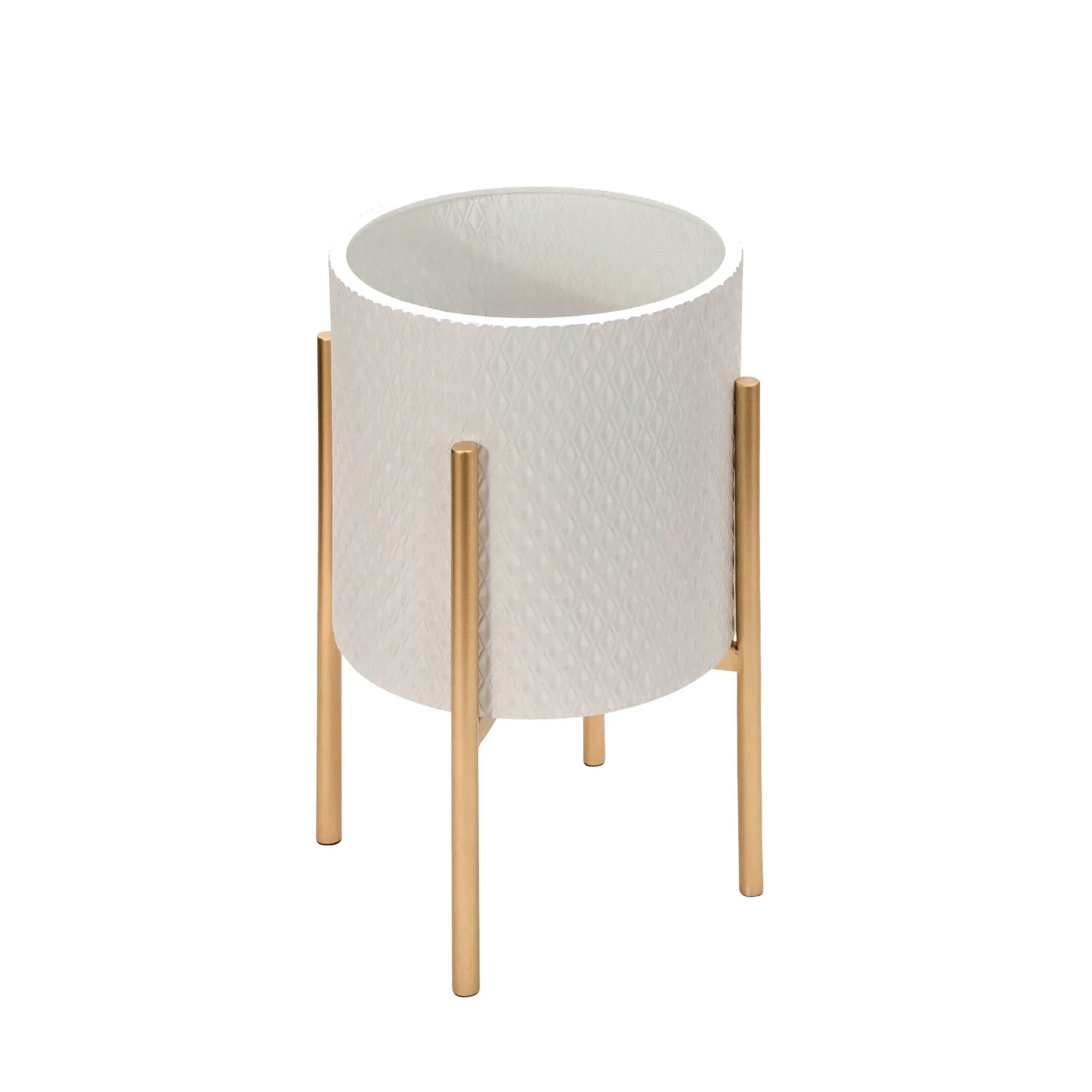 S/2 Textured Planter On Metal Stand, White/gold - Image 3