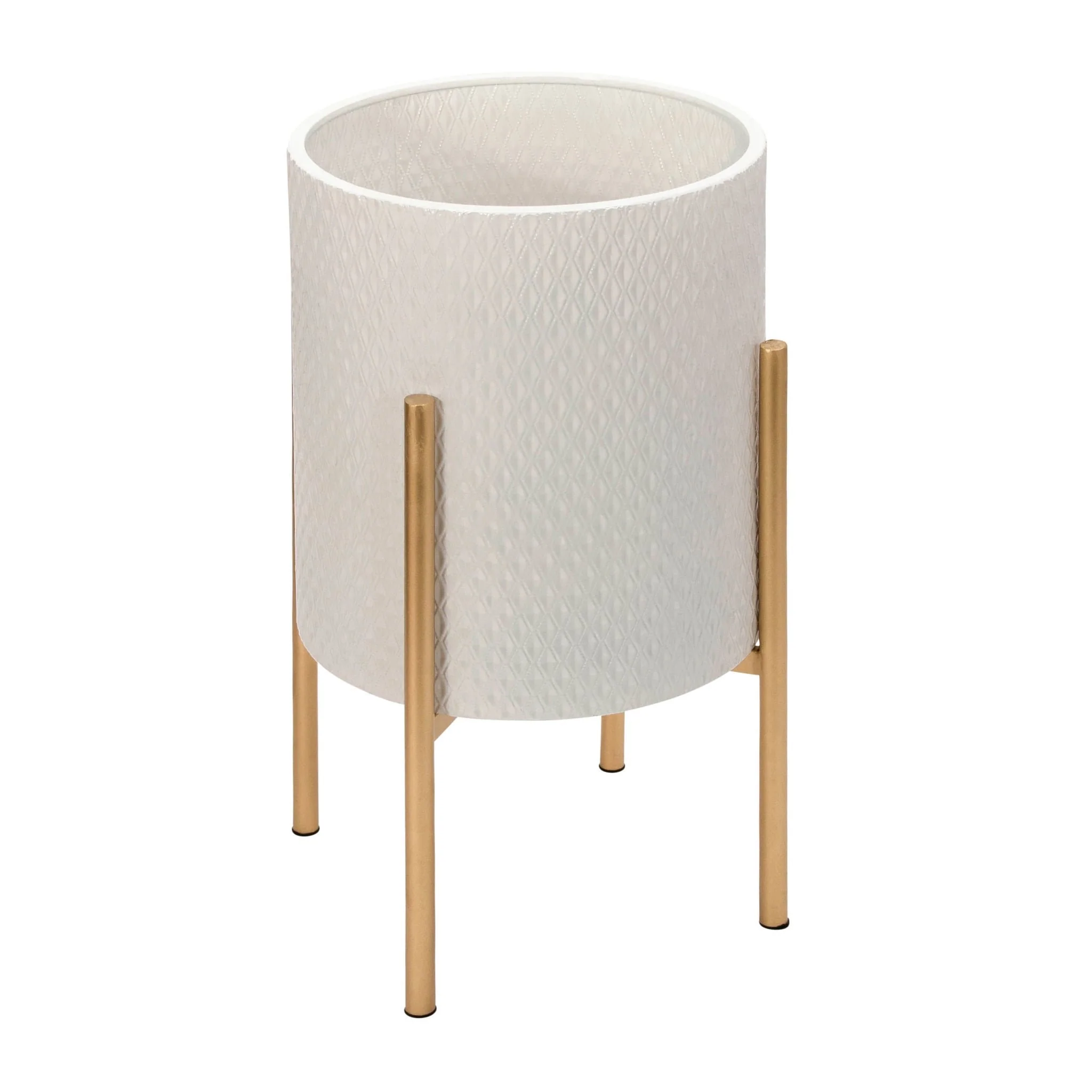 S/2 Textured Planter On Metal Stand, White/gold - Image 4