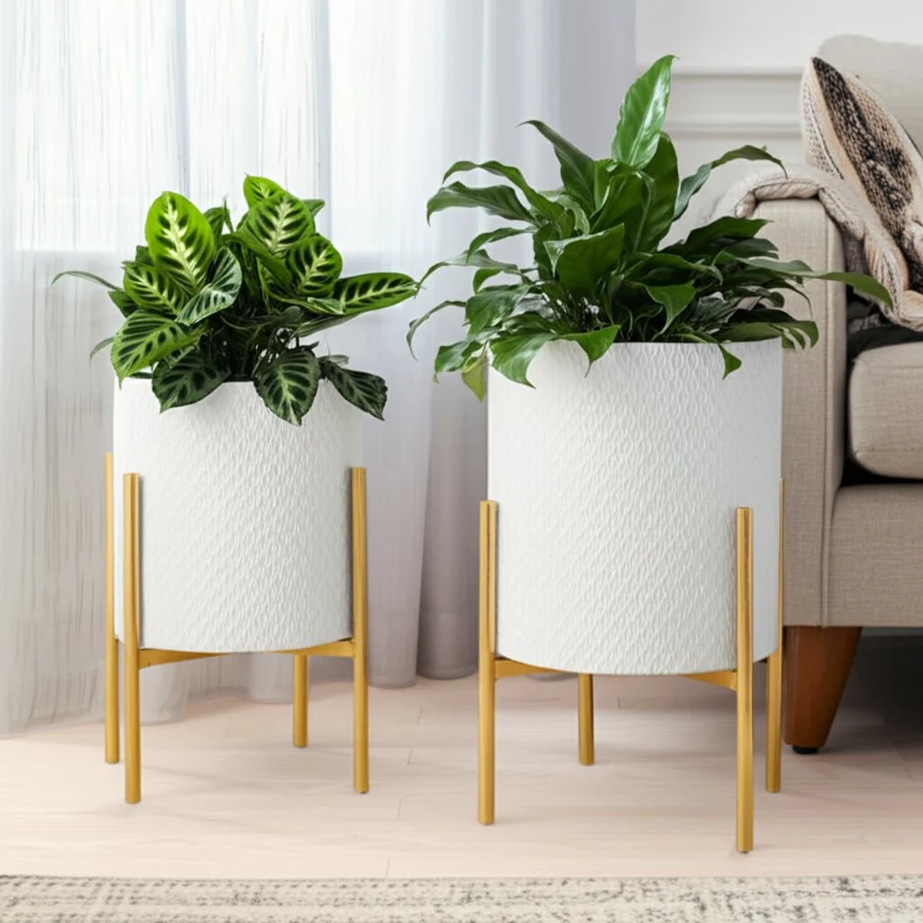 S/2 Textured Planter On Metal Stand, White/gold - Image 8