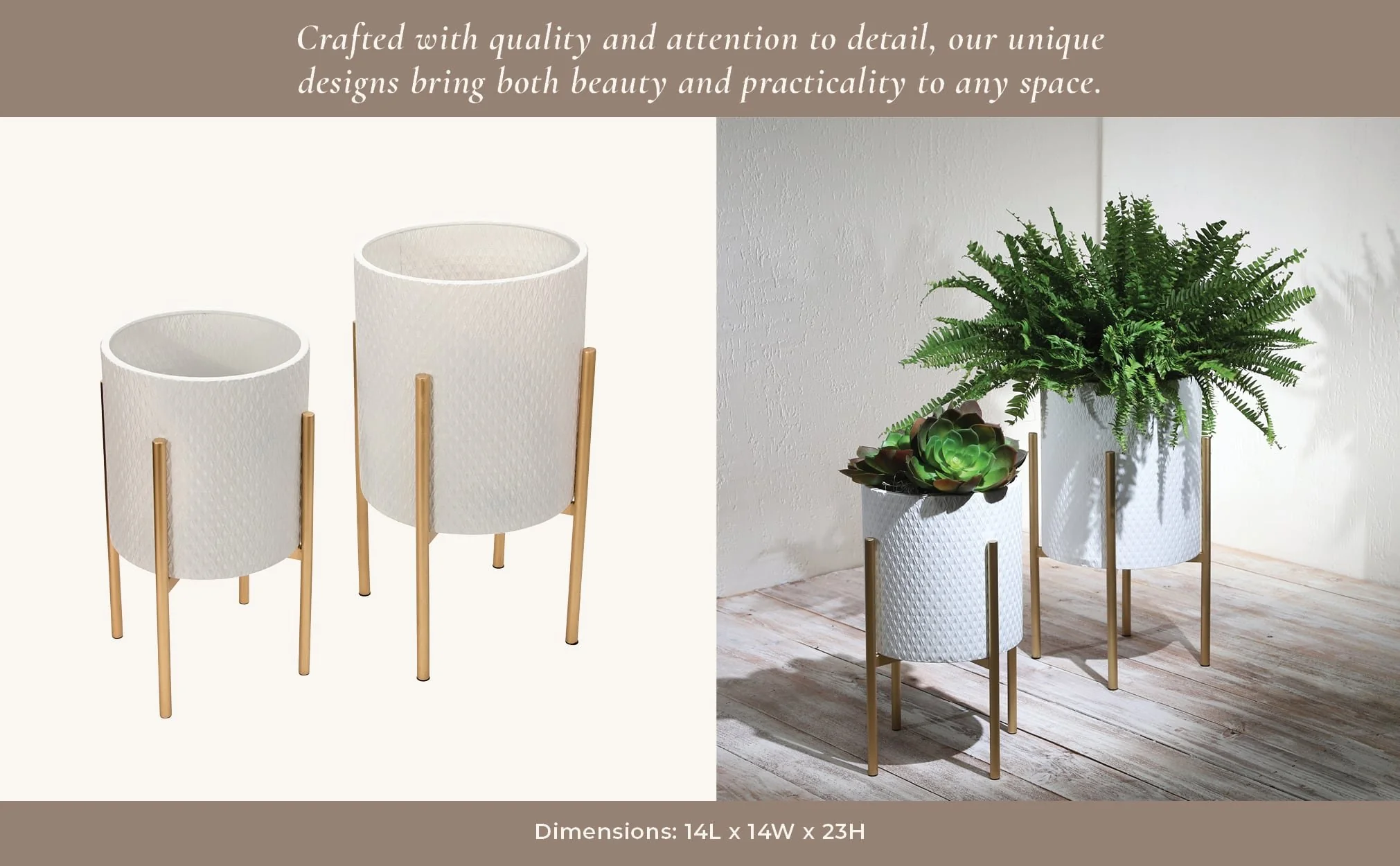 S/2 Textured Planter On Metal Stand, White/gold - Image 9
