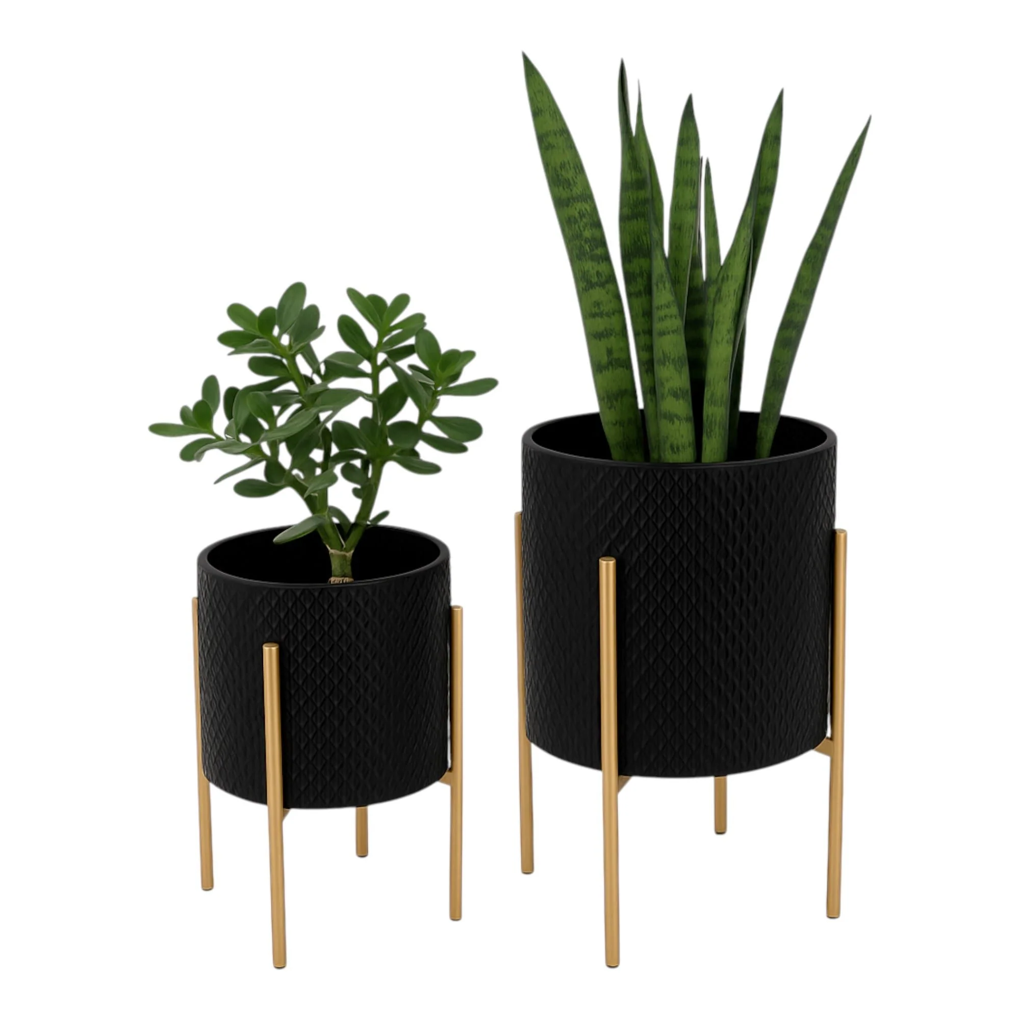 S/2 Textured Planter On Metalstand, Black/gld - Image 2
