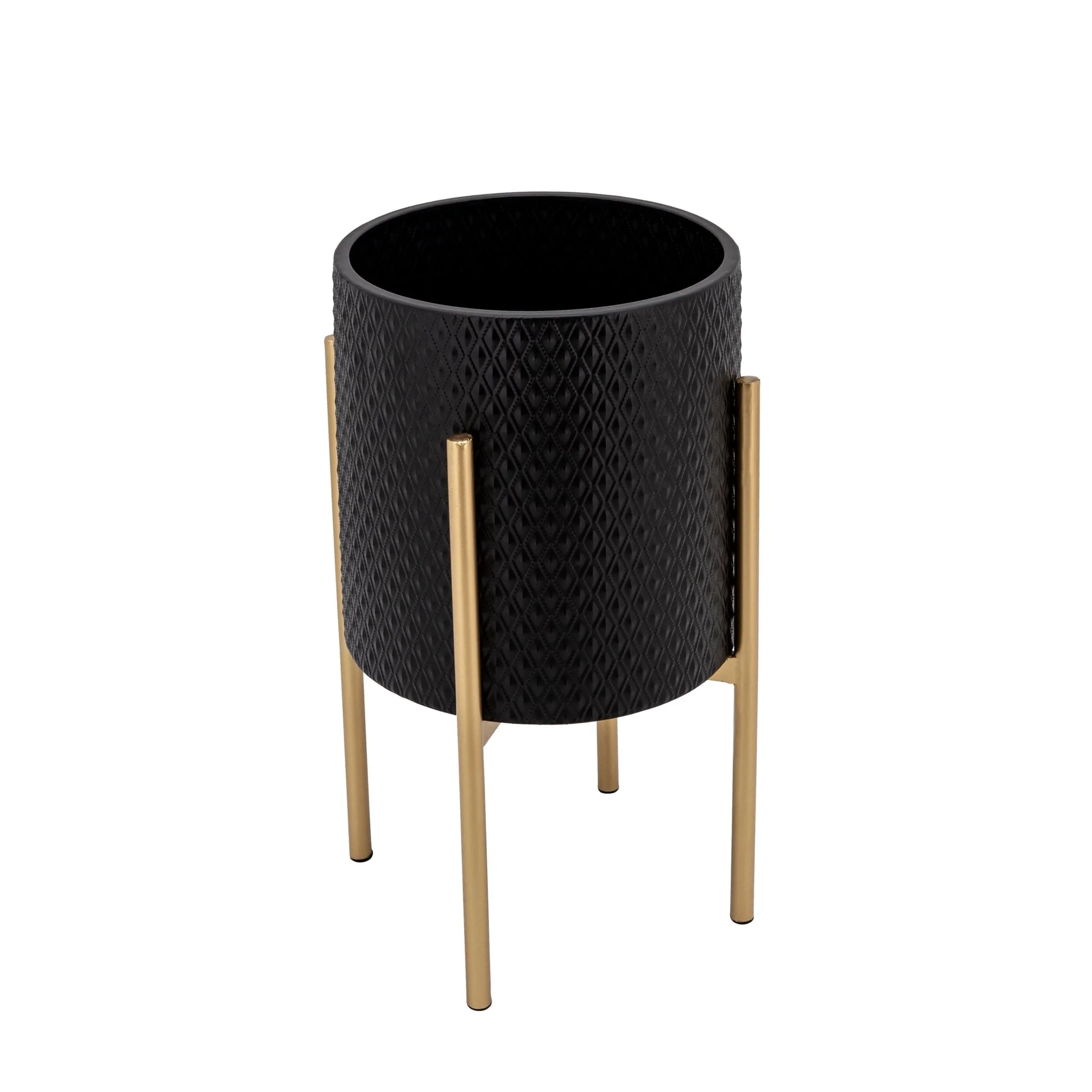 S/2 Textured Planter On Metalstand, Black/gld - Image 3