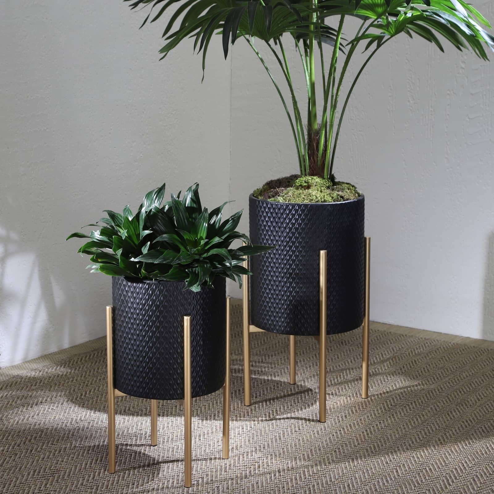 S/2 Textured Planter On Metalstand, Black/gld - Image 7