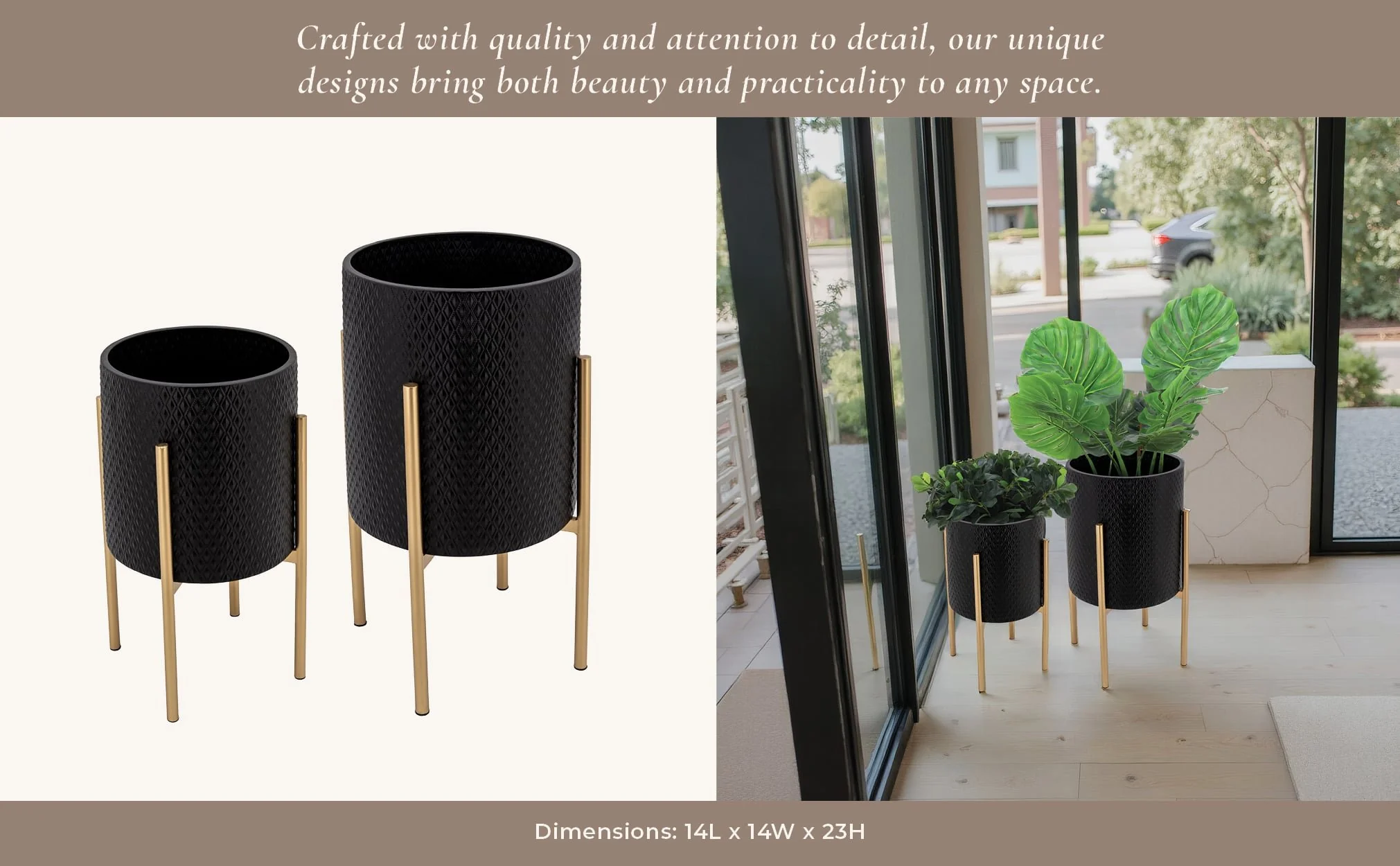 S/2 Textured Planter On Metalstand, Black/gld - Image 9
