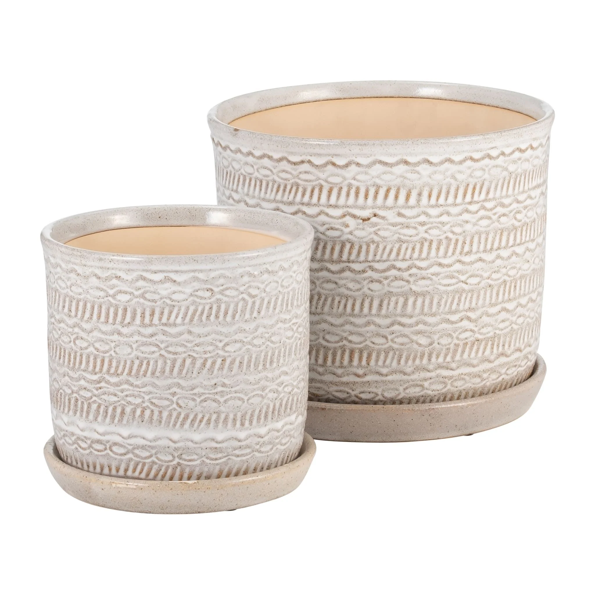 S/2  Tribal Planter 6/8" W/ Saucer, Beige - Image 2