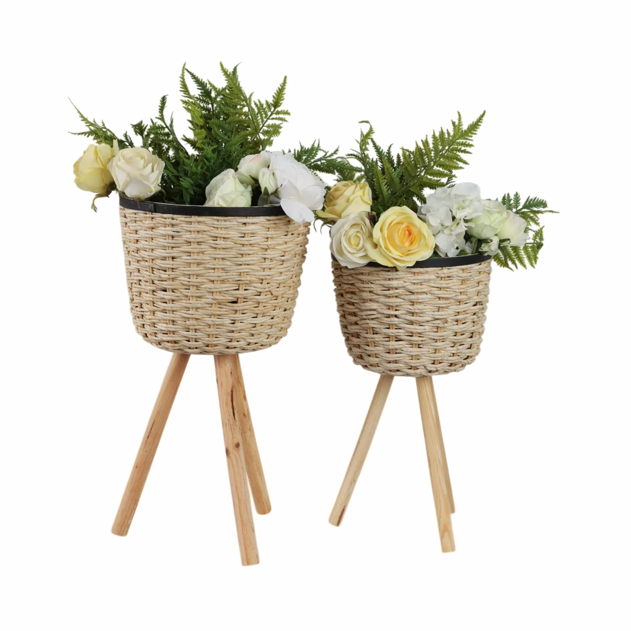 S/2 Wicker Footed Planters, White - Image 2