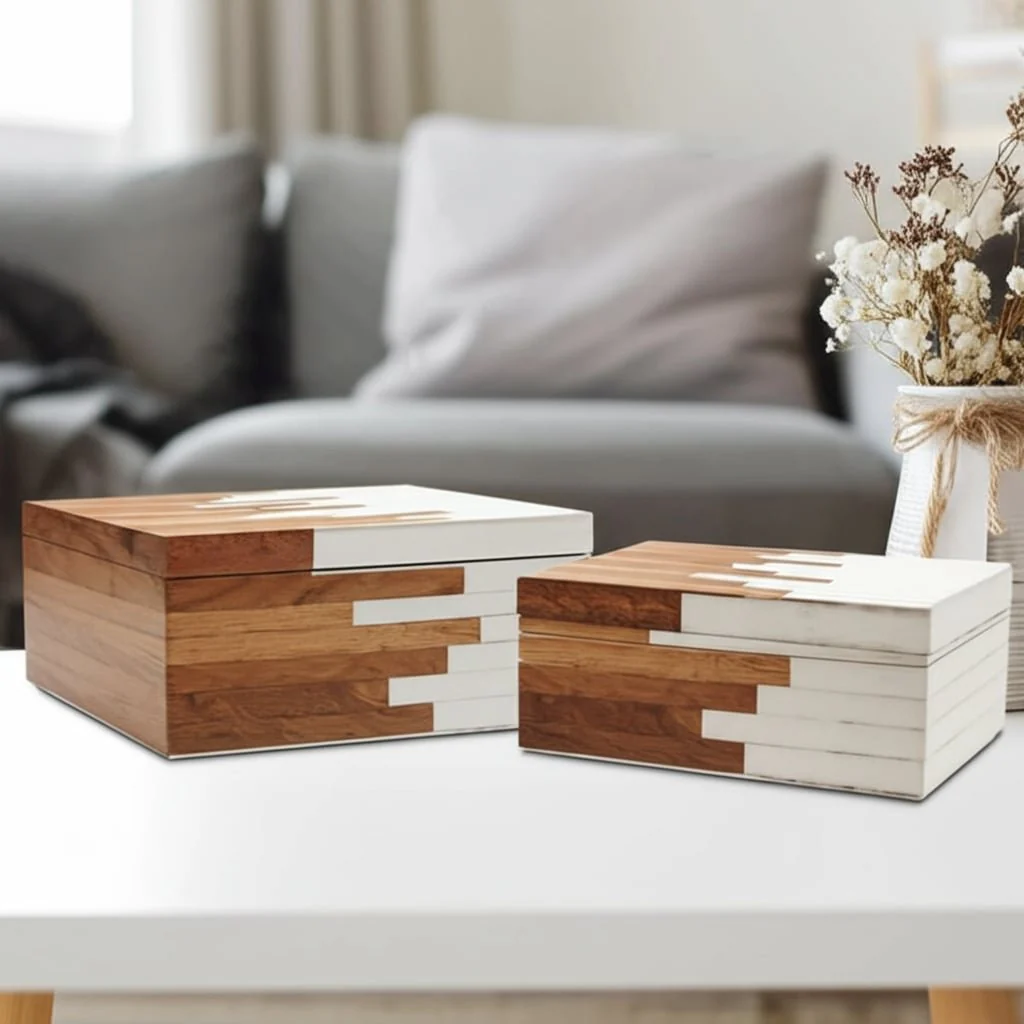 S/3 10/11/12" 2-toned Boxes, Natural/white - Image 2