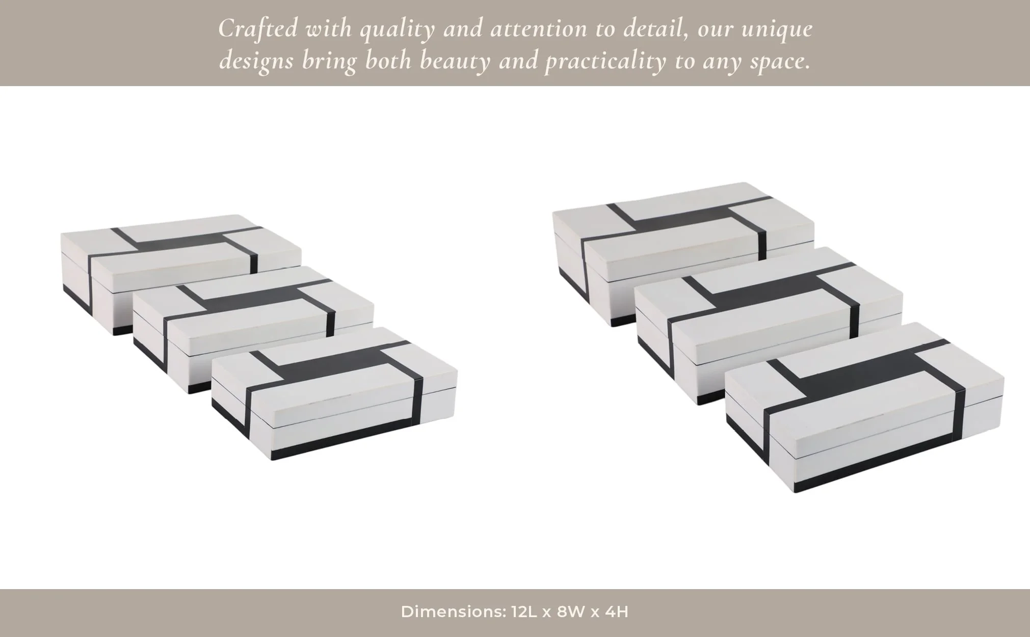 S/3 10/11/12" Bold Lines Design Boxes, White/black - Image 11