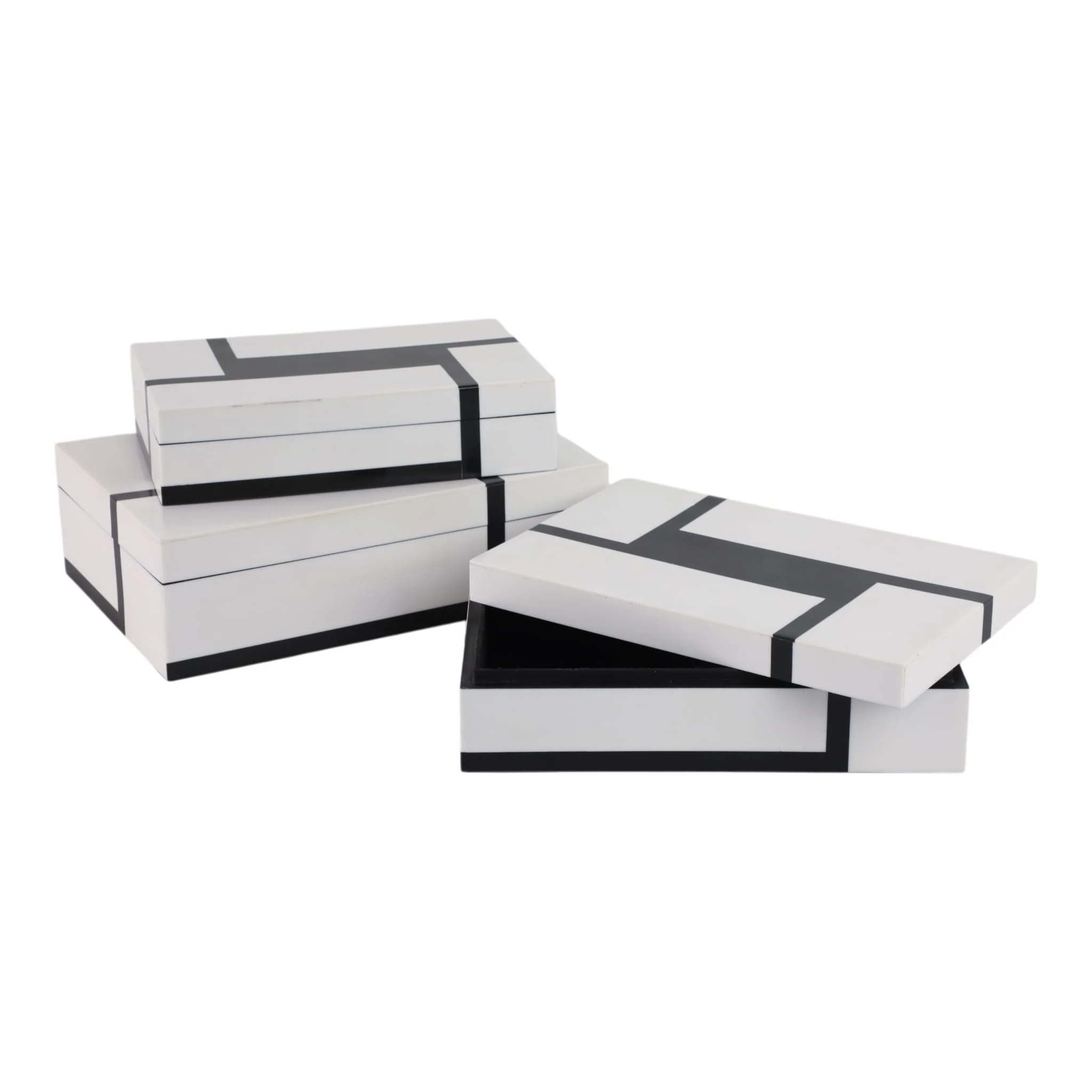 S/3 10/11/12" Bold Lines Design Boxes, White/black - Image 2
