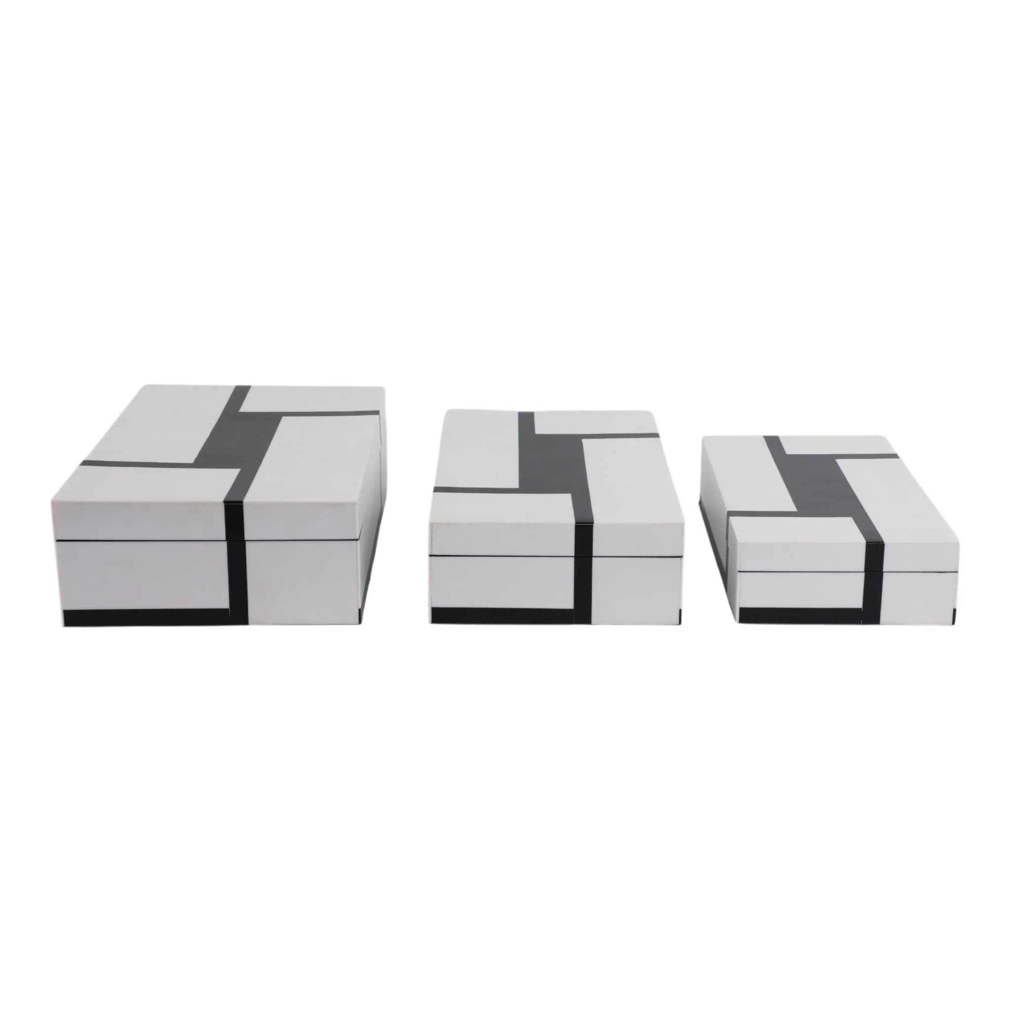 S/3 10/11/12" Bold Lines Design Boxes, White/black - Image 3