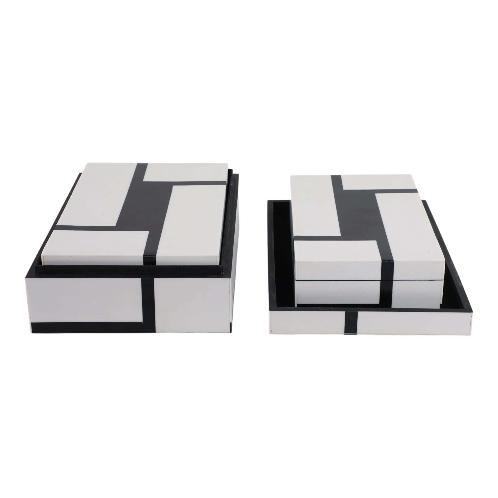 S/3 10/11/12" Bold Lines Design Boxes, White/black - Image 4
