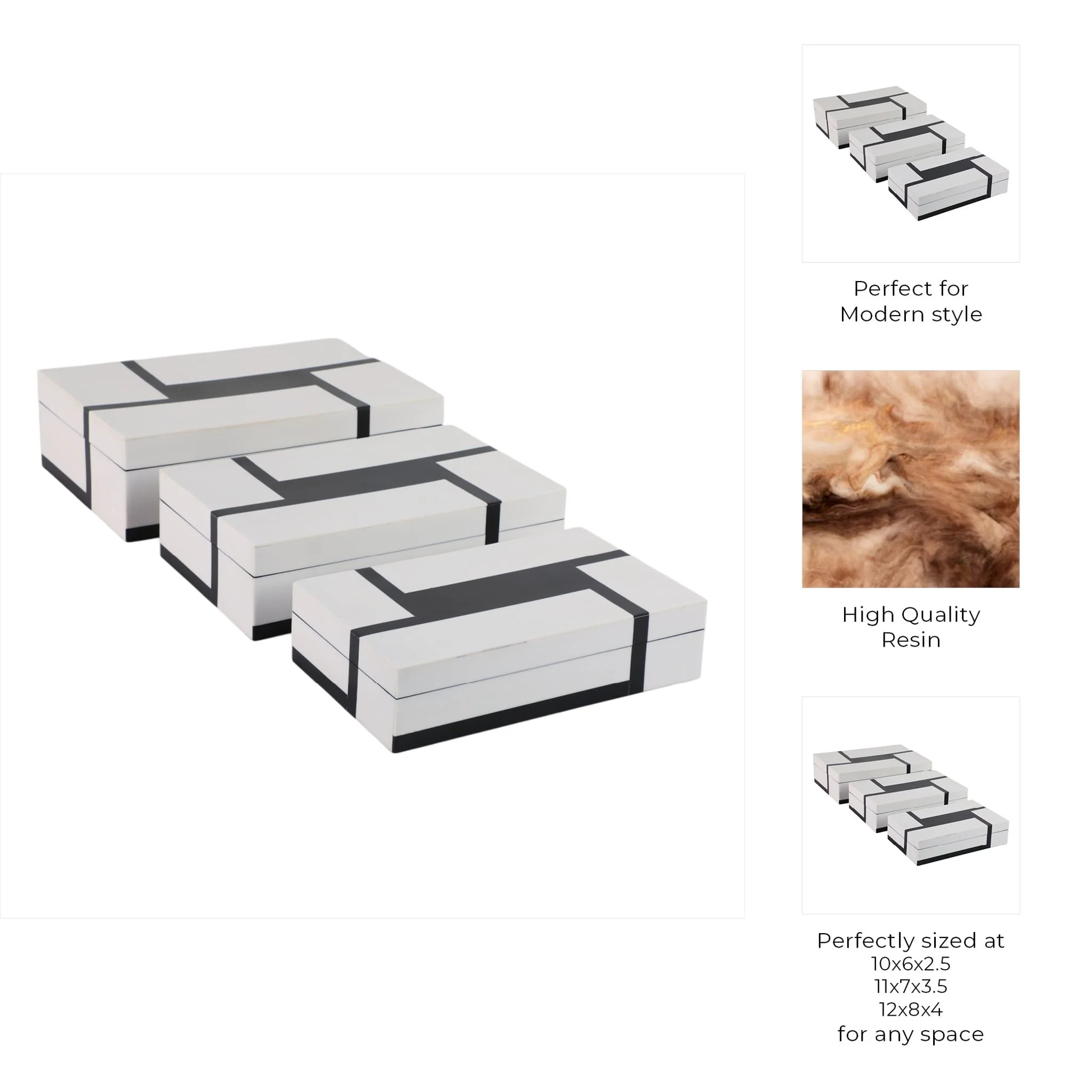S/3 10/11/12" Bold Lines Design Boxes, White/black - Image 9
