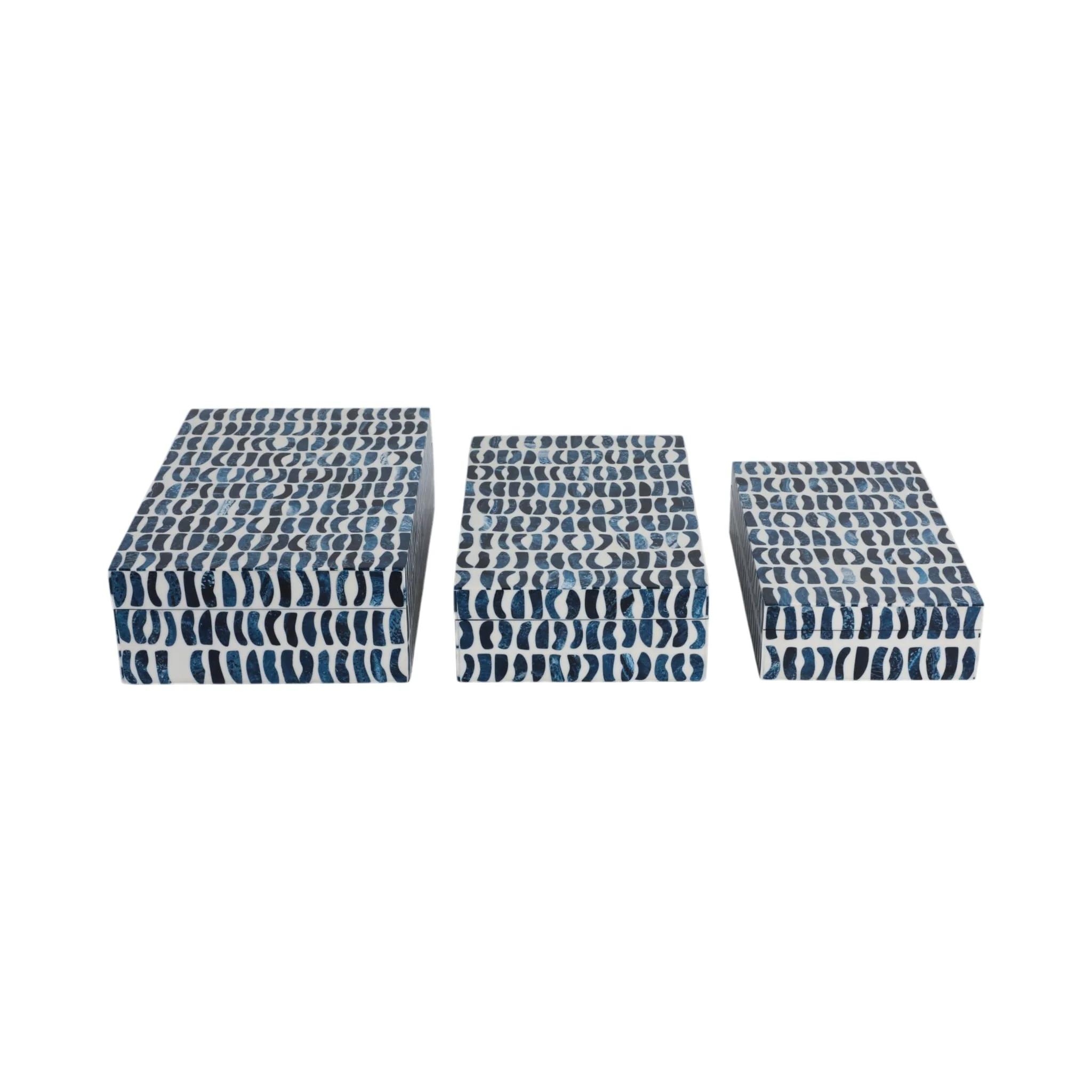 S/3 10/11/12" Boxes With Inlay Pieces, Blue/white - Image 3