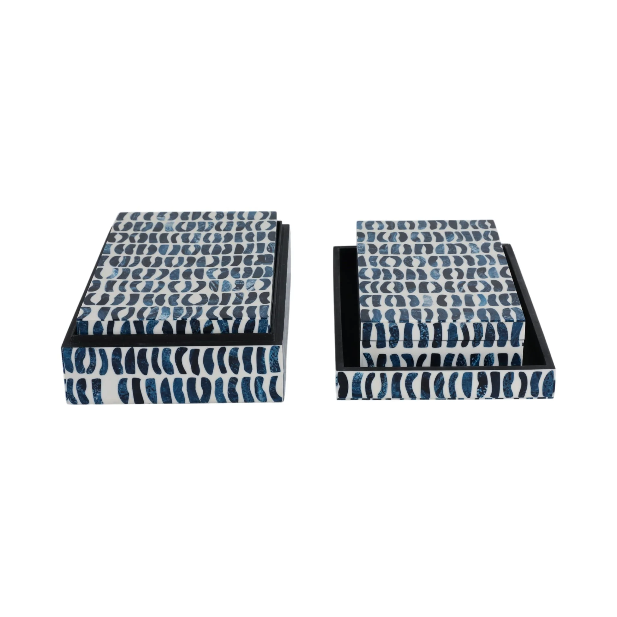 S/3 10/11/12" Boxes With Inlay Pieces, Blue/white - Image 4