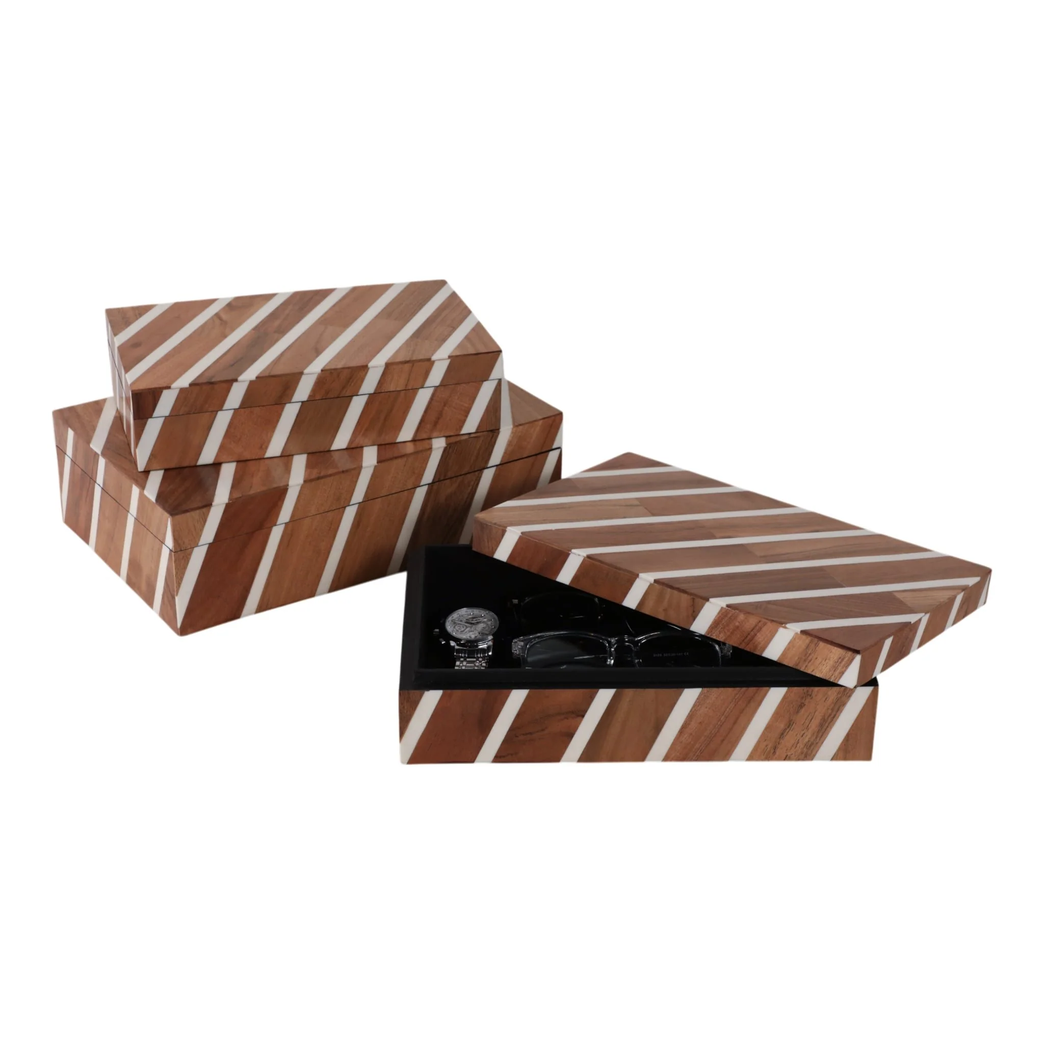 S/3 10/11/12" Diagonal Lines Boxes, Natural/ivory - Image 2