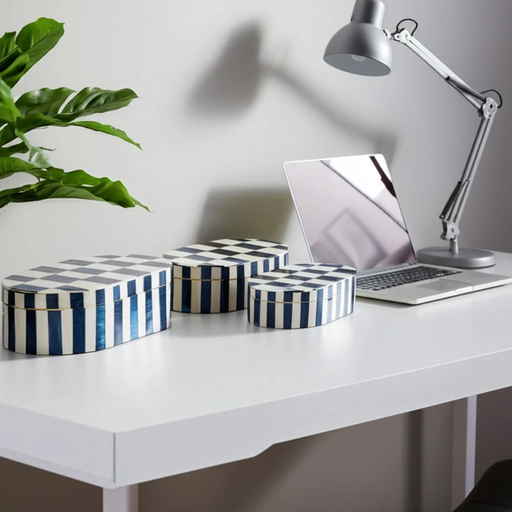S/3 10/11/12" Oval Checkered Boxes, White/blue - Image 10