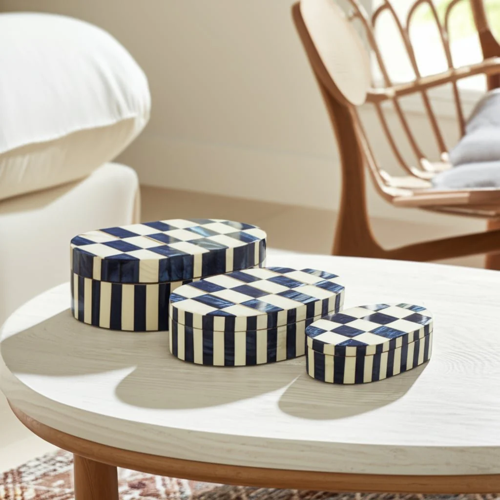 S/3 10/11/12" Oval Checkered Boxes, White/blue - Image 12