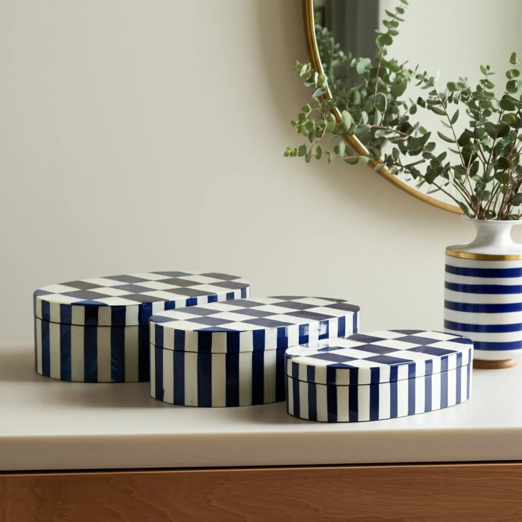 S/3 10/11/12" Oval Checkered Boxes, White/blue - Image 13