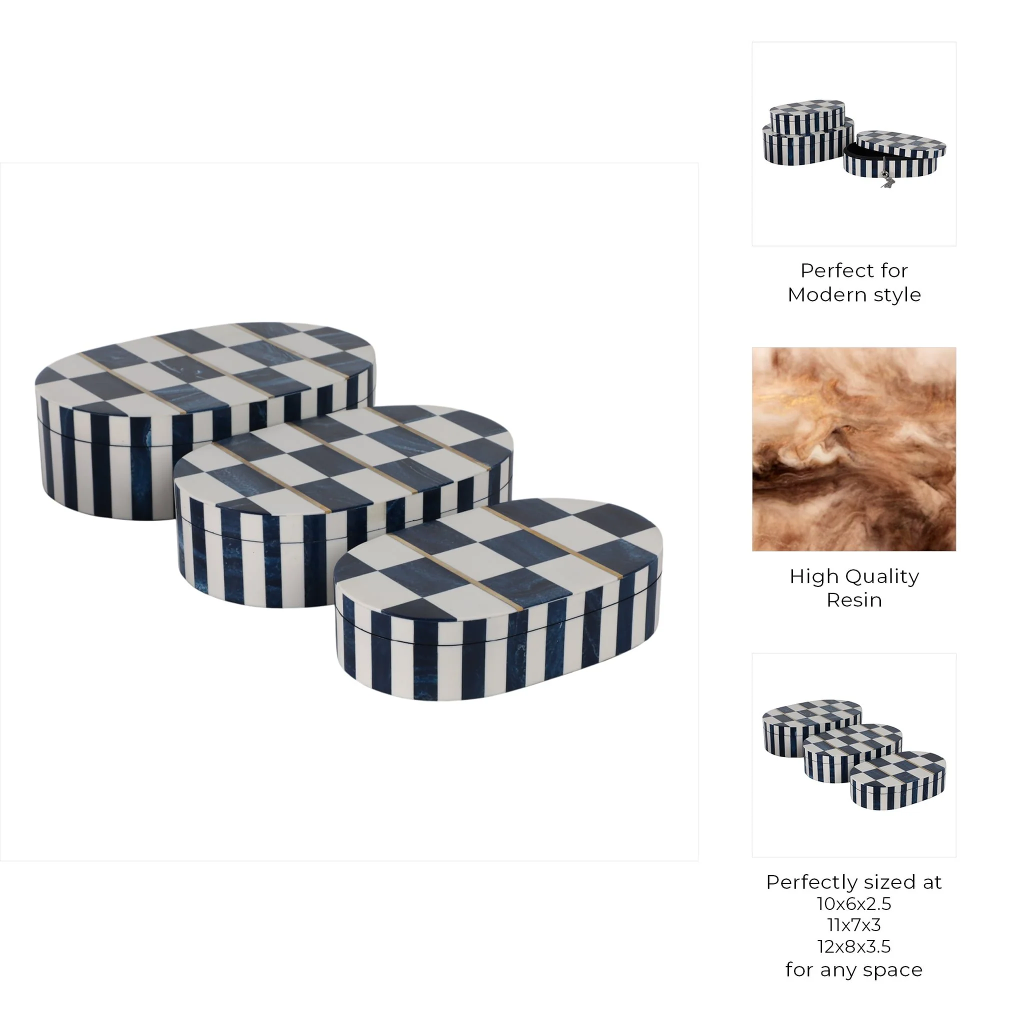 S/3 10/11/12" Oval Checkered Boxes, White/blue - Image 9