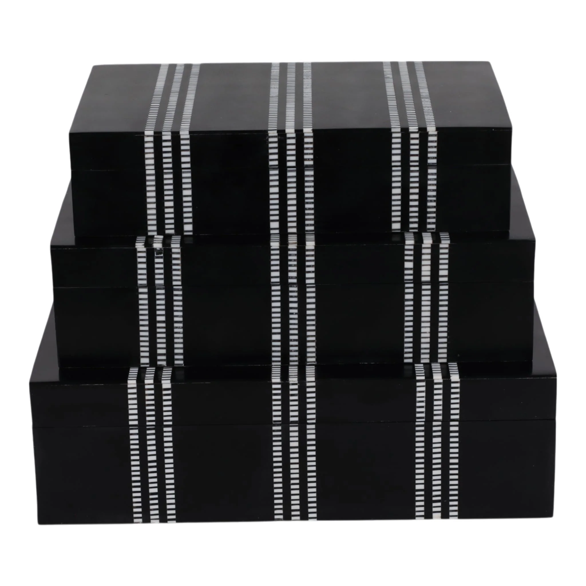 S/3 10/11/12" Ridged Stripes Boxes, Black/ivory - Image 4