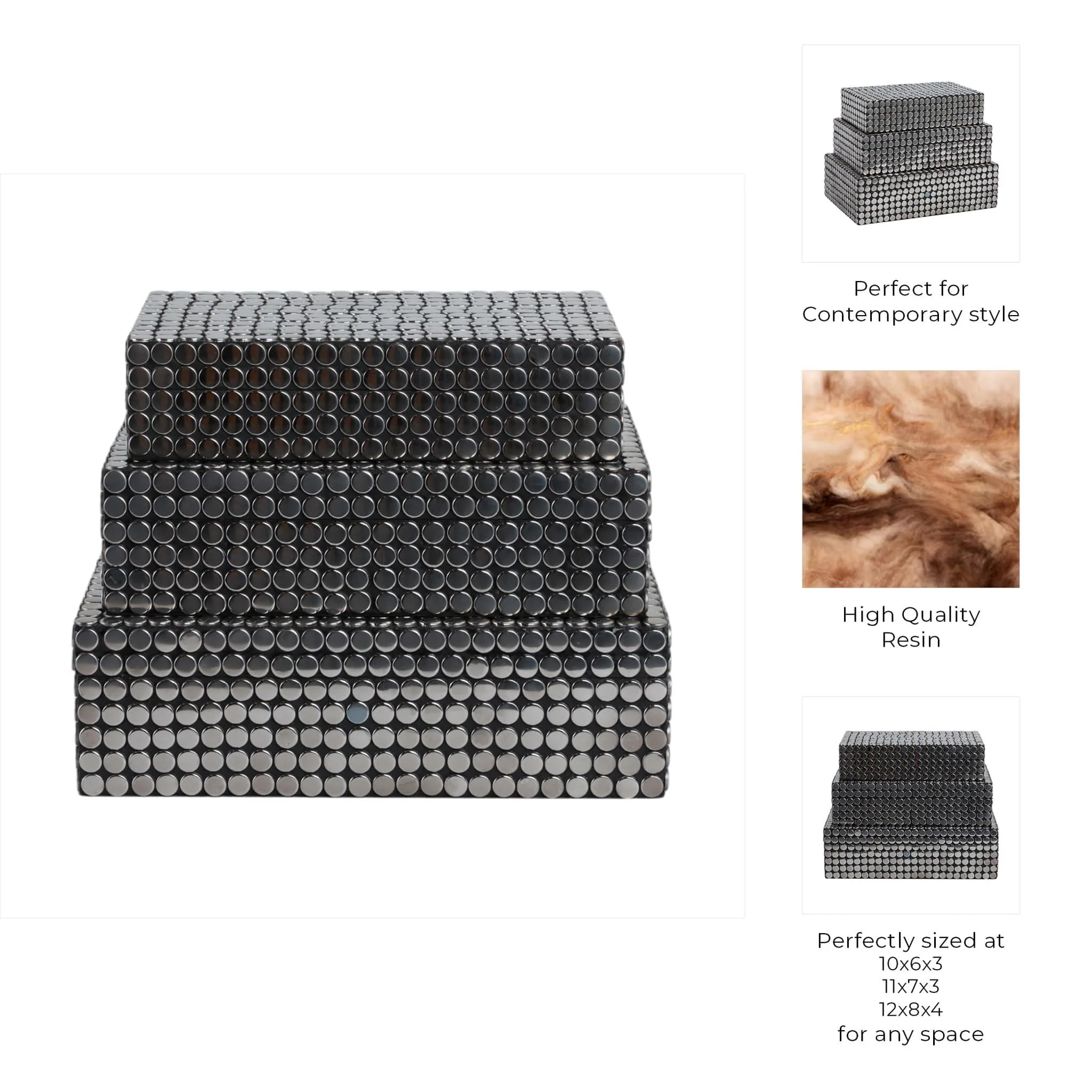 S/3 10/11/12" Studded Boxes, Black - Image 4