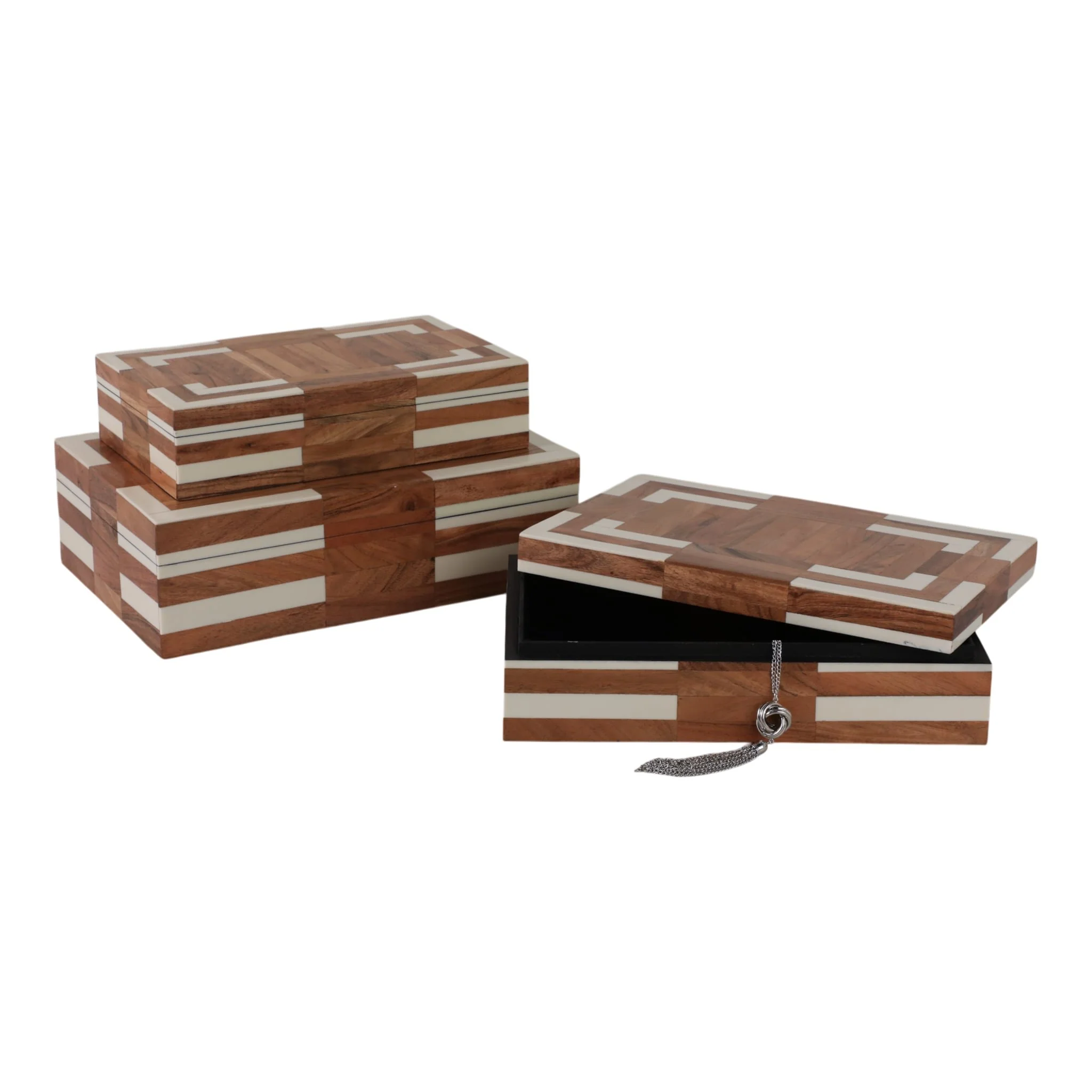S/3 10/11/12" Wood Inlay Boxes, Natural/ivory - Image 2