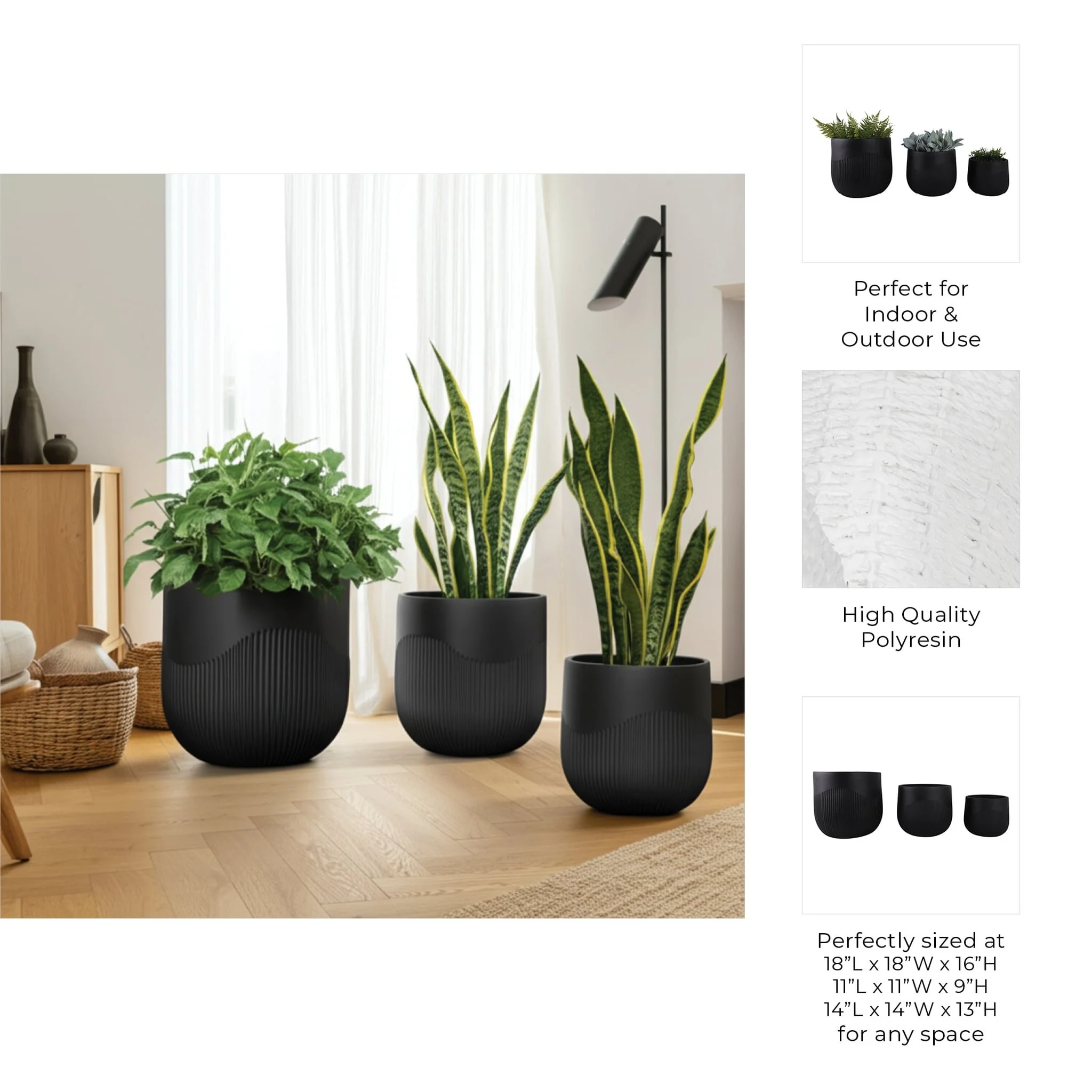 S/3 11/14/18" Resin Planters With Wavy Ribbing, Bl - Image 9