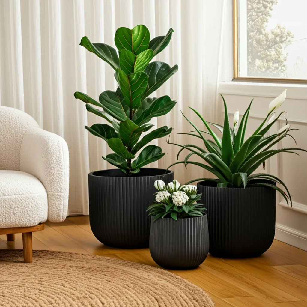 S/3 11/14/18" Ribbed Resin Planters, Black - Image 10