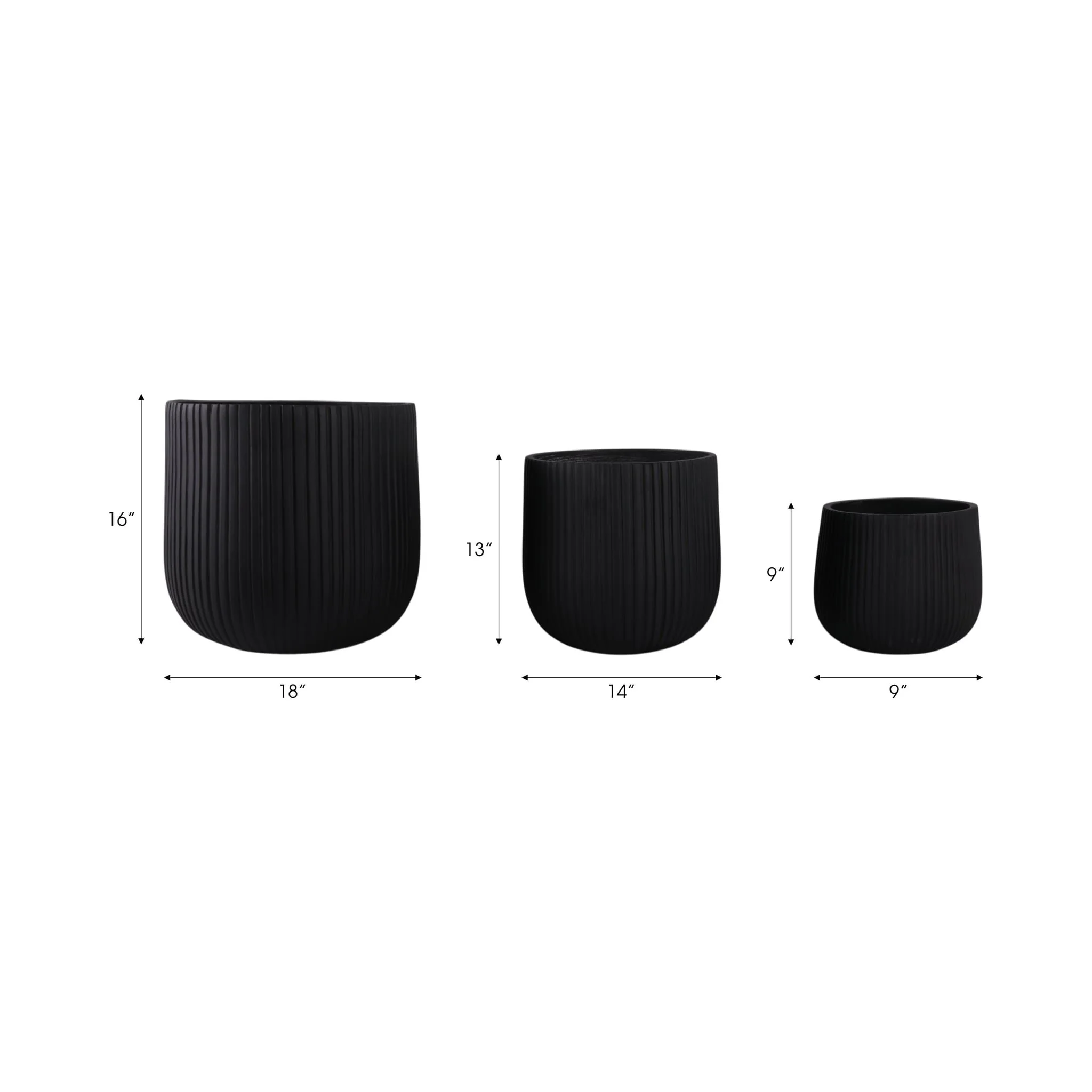 S/3 11/14/18" Ribbed Resin Planters, Black - Image 8