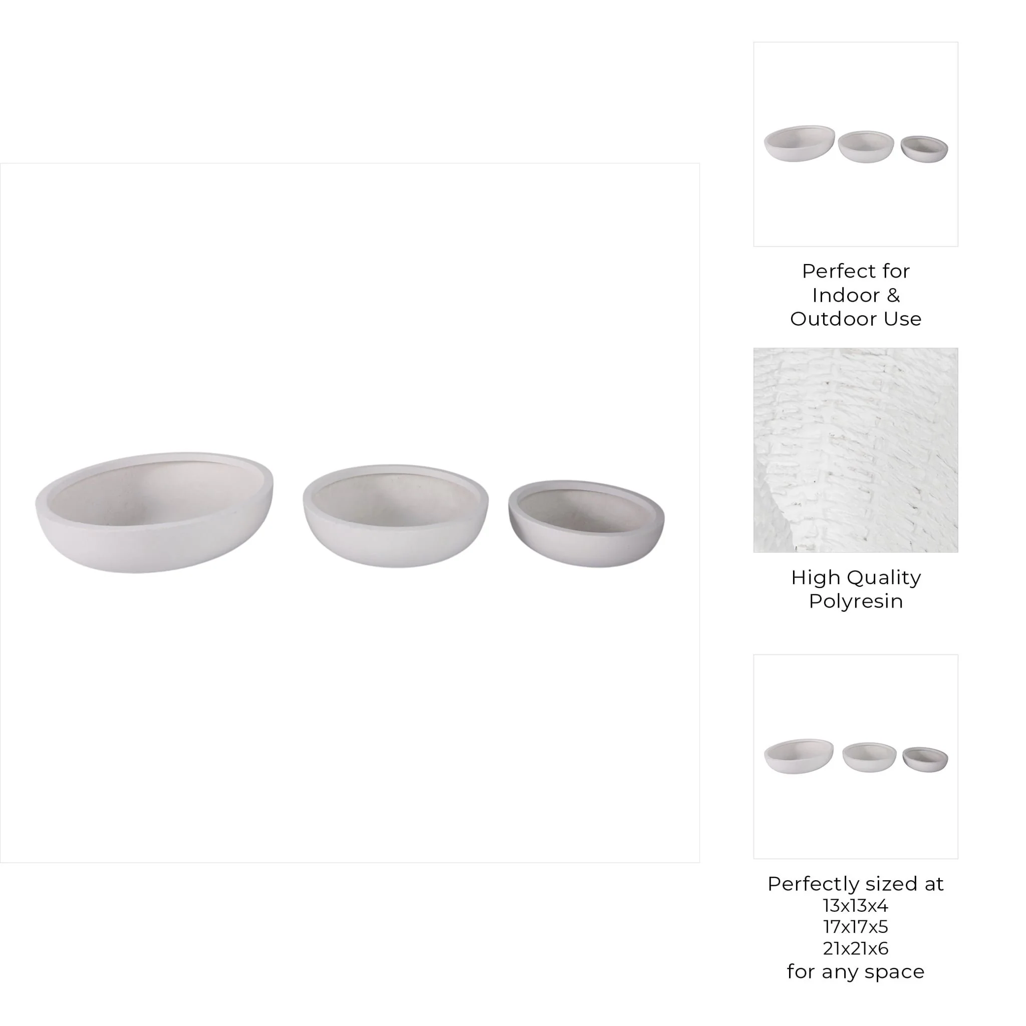S/3 13/17/21" Low Bowl Planters, White - Image 7