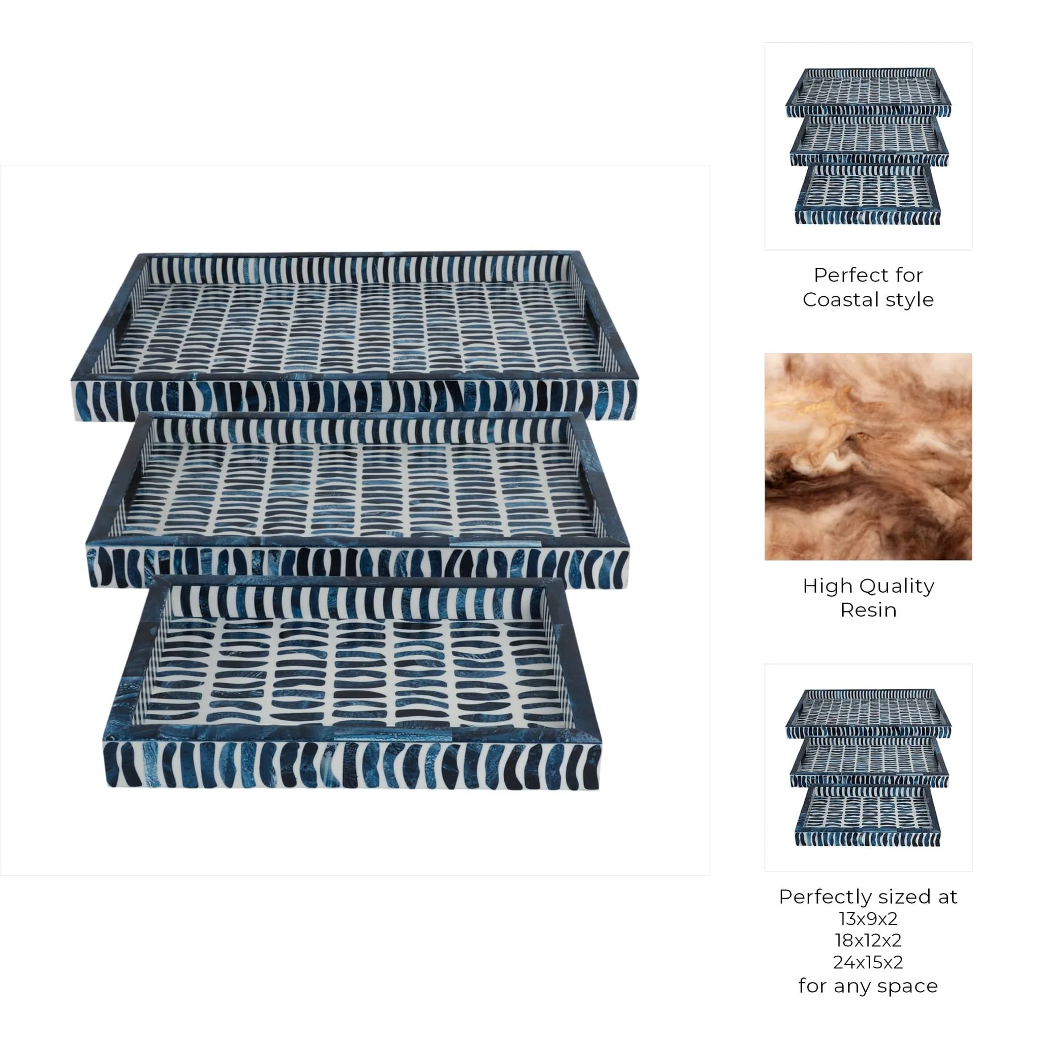 S/3 13/18/24" Trays With Inlay Pieces, Blue/white - Image 8