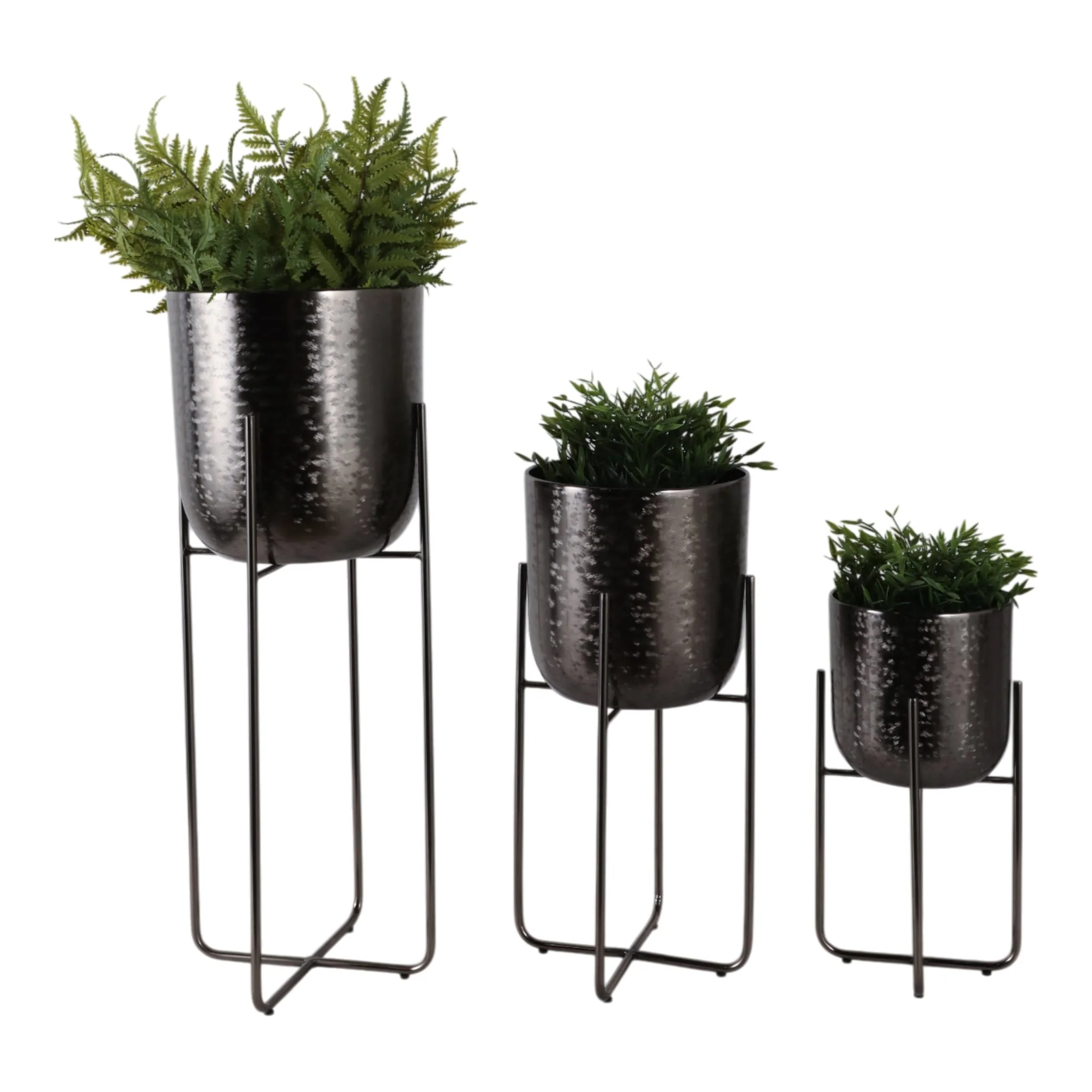 S/3 15/20/27" Etched Metal Planter On Stand, Black - Image 2