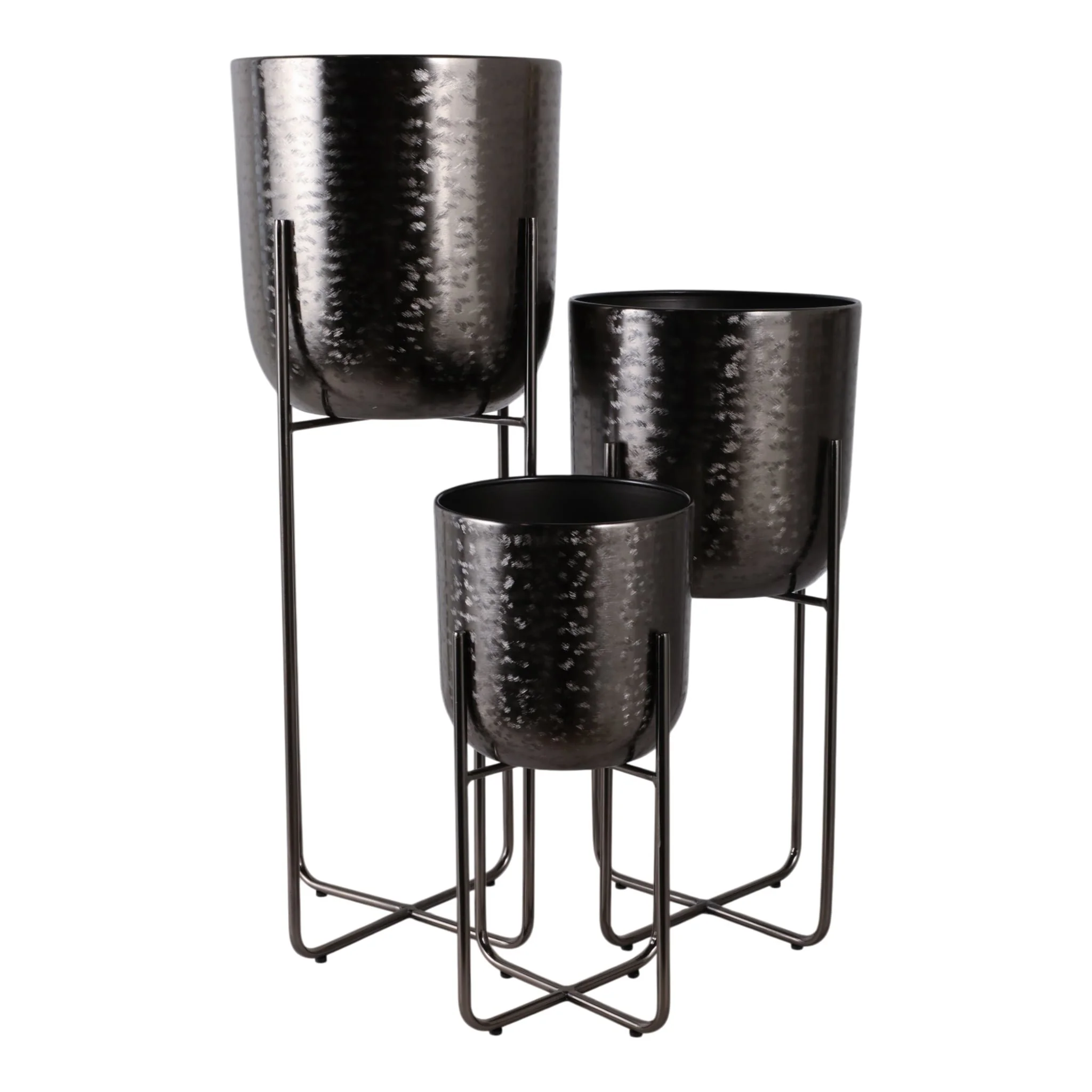 S/3 15/20/27" Etched Metal Planter On Stand, Black - Image 6