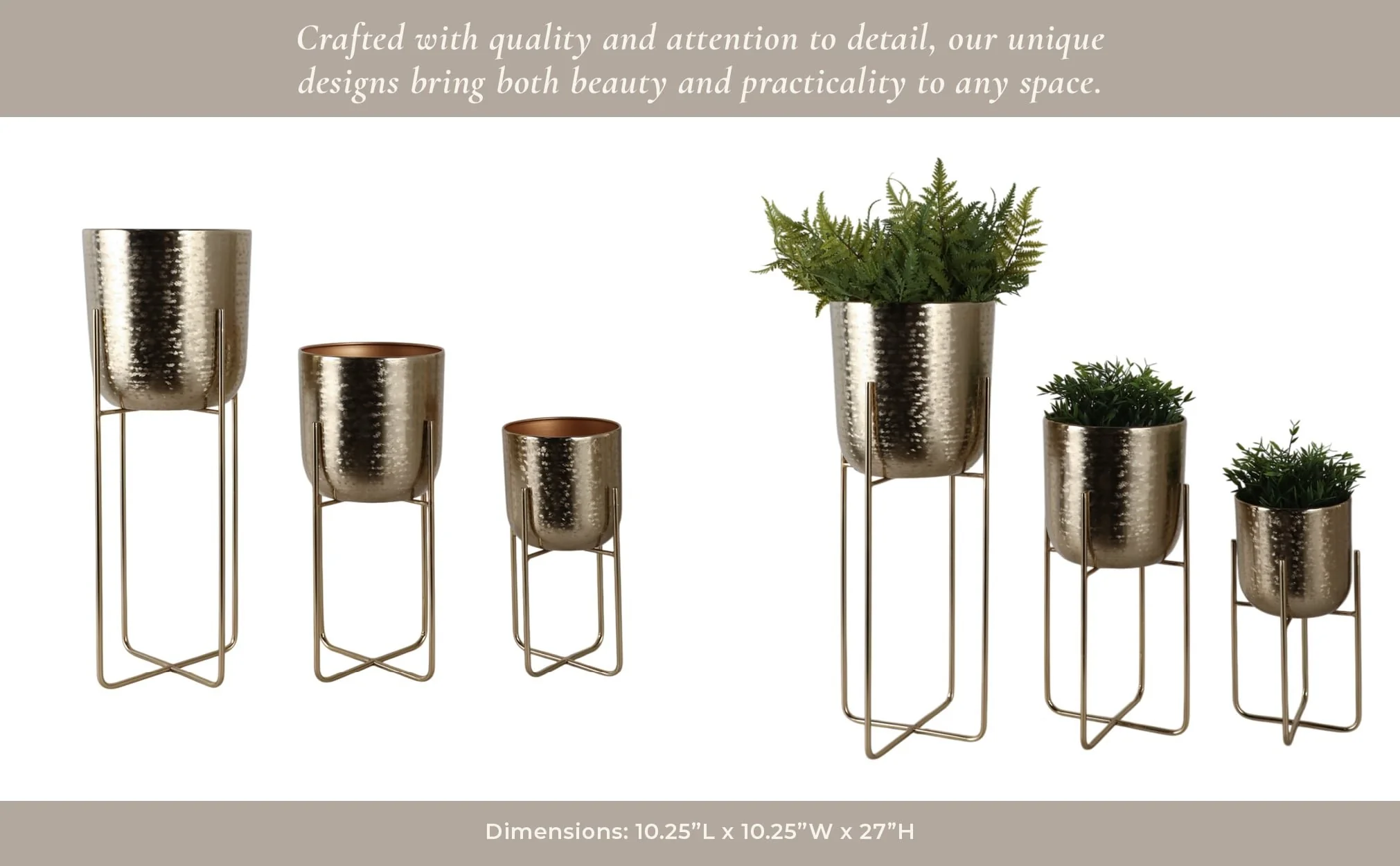 S/3 15/20/27" Etched Metal Planter On Stand, Gold - Image 10
