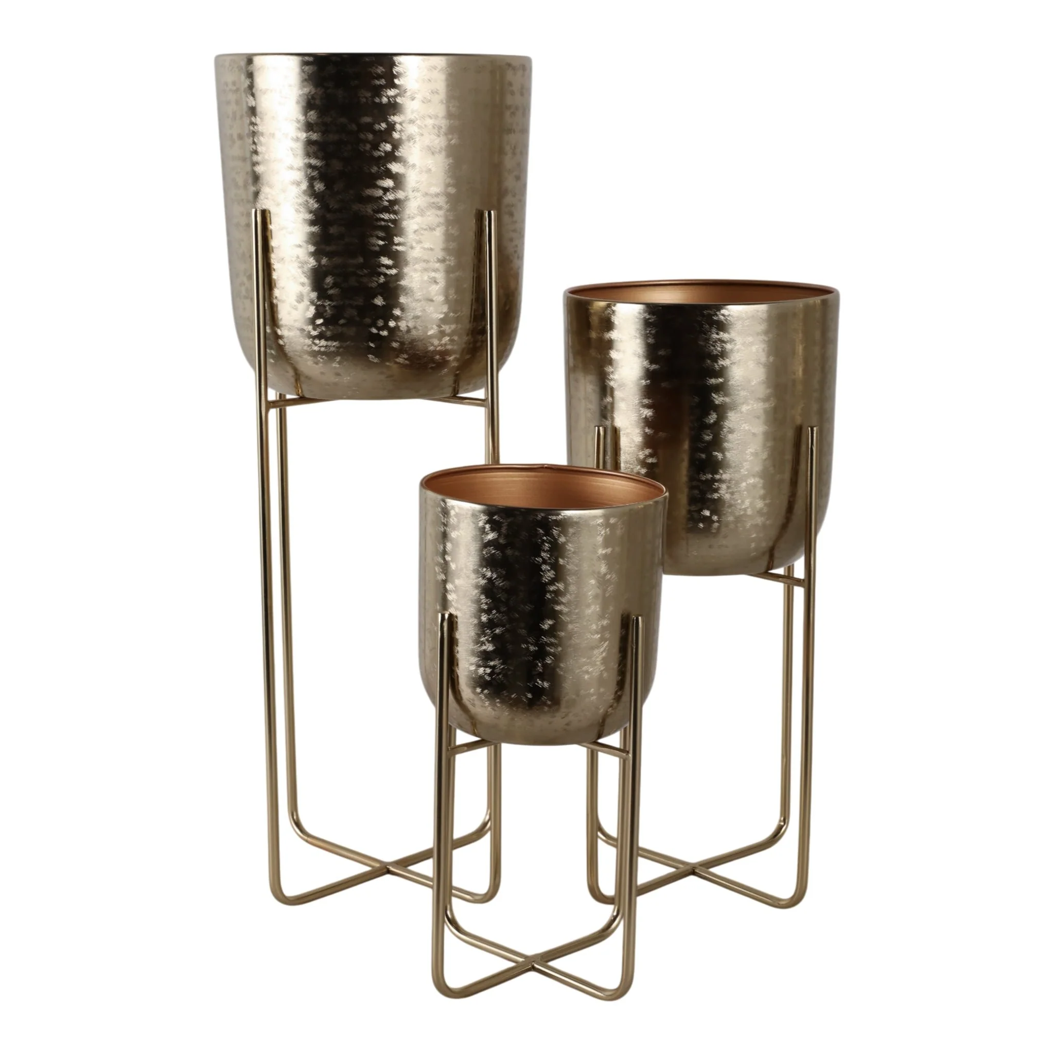 S/3 15/20/27" Etched Metal Planter On Stand, Gold - Image 6