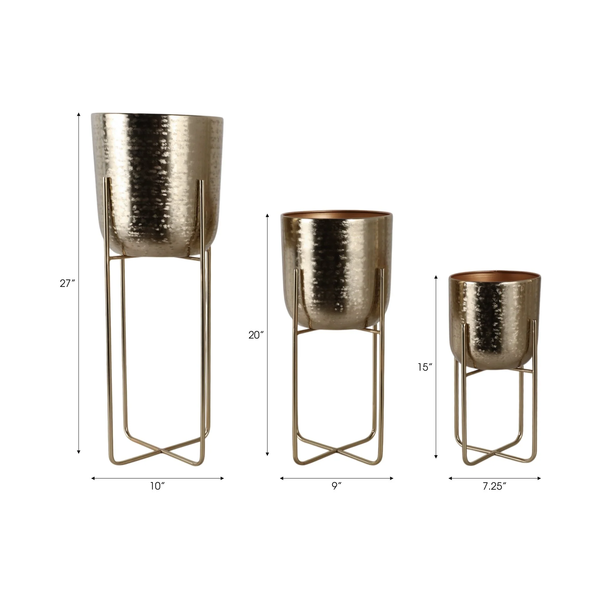 S/3 15/20/27" Etched Metal Planter On Stand, Gold - Image 9
