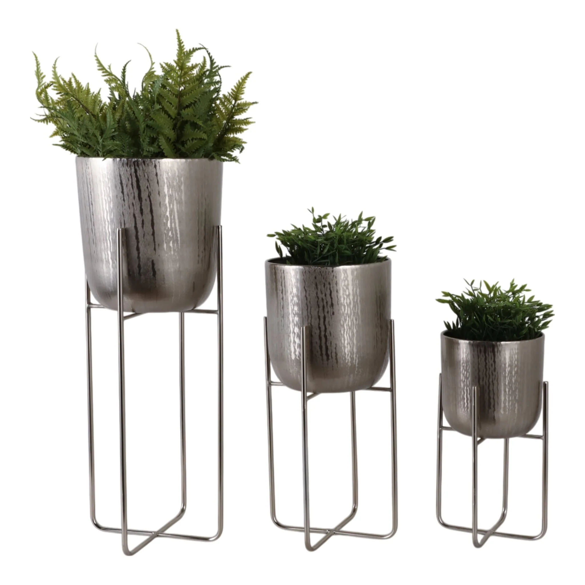 S/3 15/20/27" Etched Metal Planter On Stand, Silve - Image 2